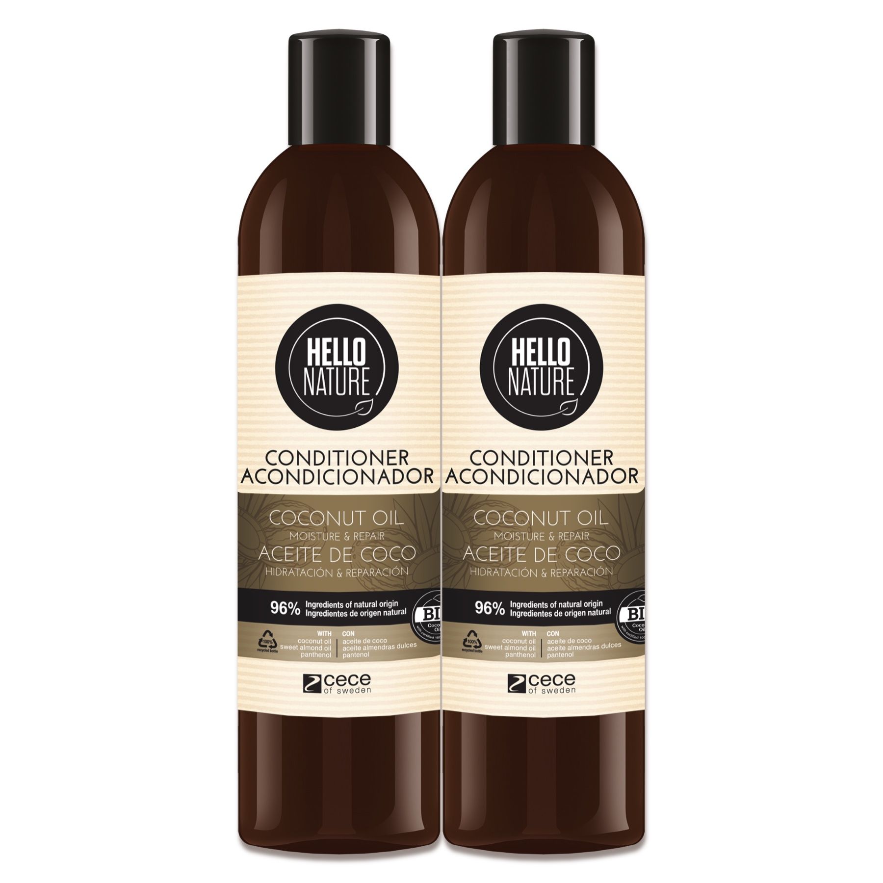 Zwei Flaschen „Hello Nature“ Conditioner. Text: Conditioner, Kokosöl, Feuchtigkeit & Repair, 96% Inhaltsstoffe natürlichen Ursprungs. Bio-Siegel.