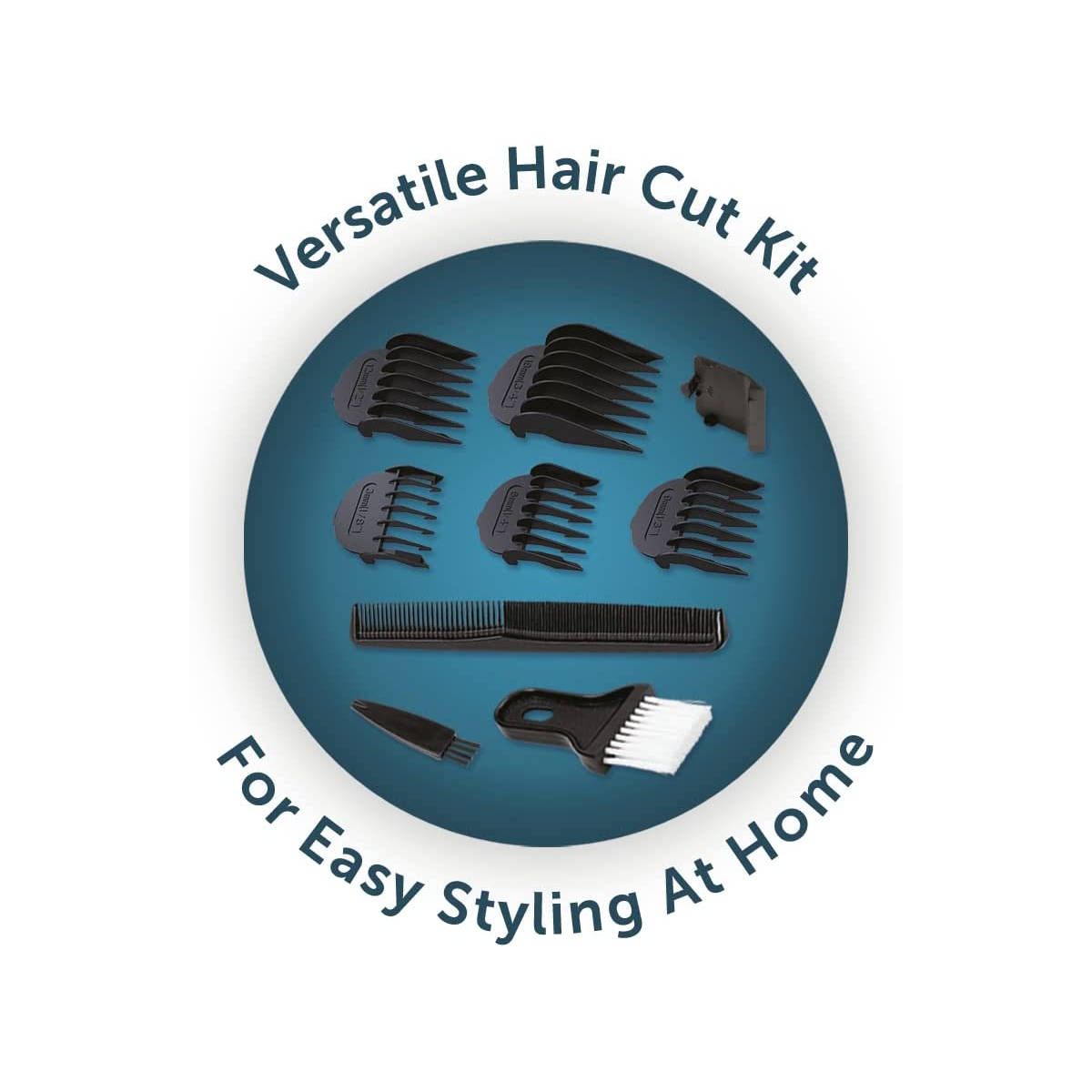 Kreisförmige Darstellung von Zubehör für Haarschnitt. Enthält Aufsätze, Kamm, Bürste. Text: "Versatile Hair Cut Kit".