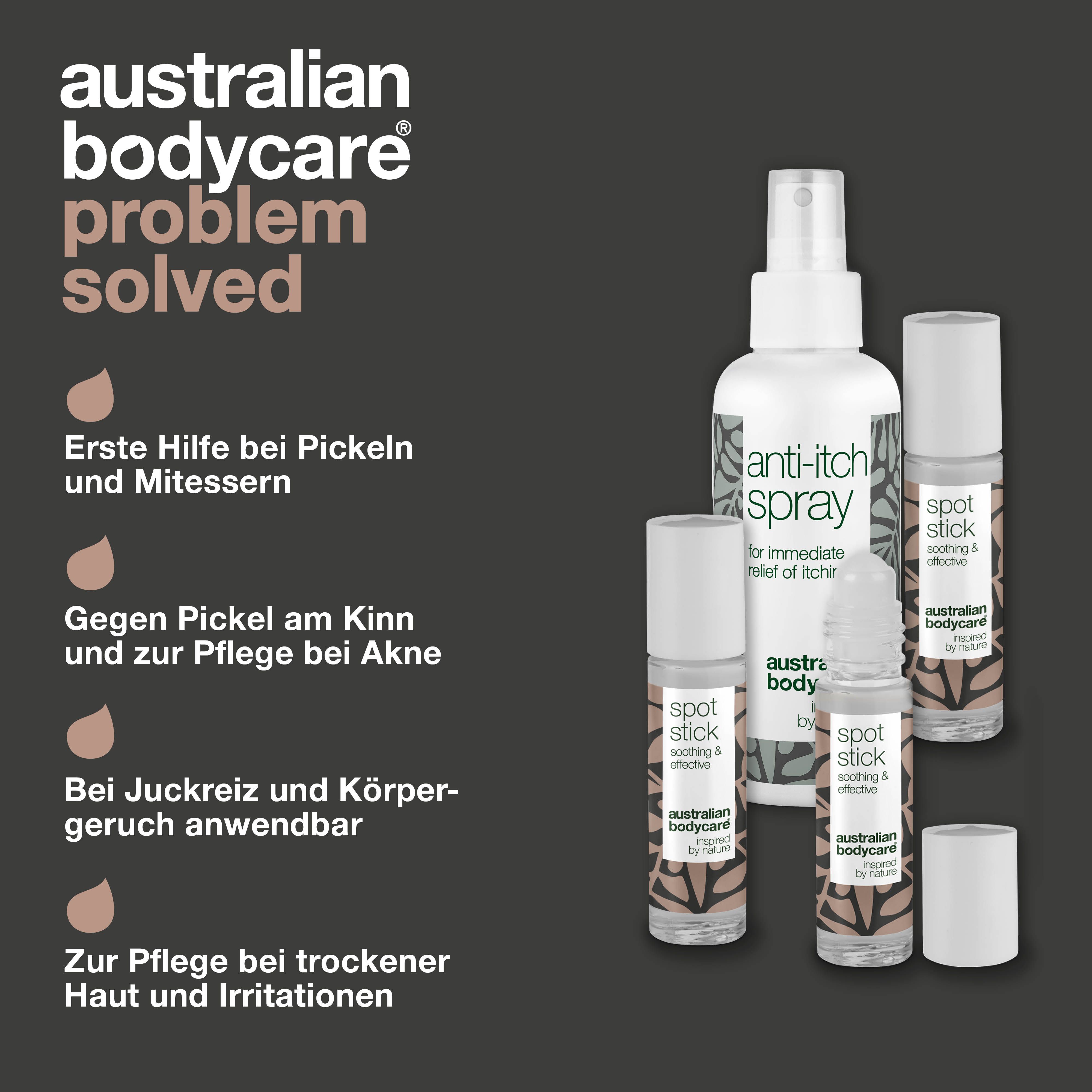 Grafik mit Problem und Lösung.  Set mit Anti-Juckreiz-Spray und Spot Sticks.  Markenname und Text sichtbar.