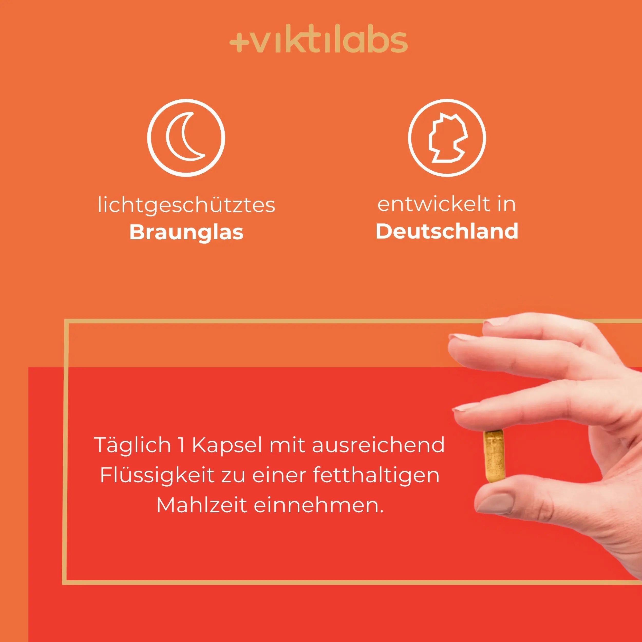 Flasche Viktilabs Curcuma Extrakt, lichtgeschütztes Braunglas, entwickelt in Deutschland.