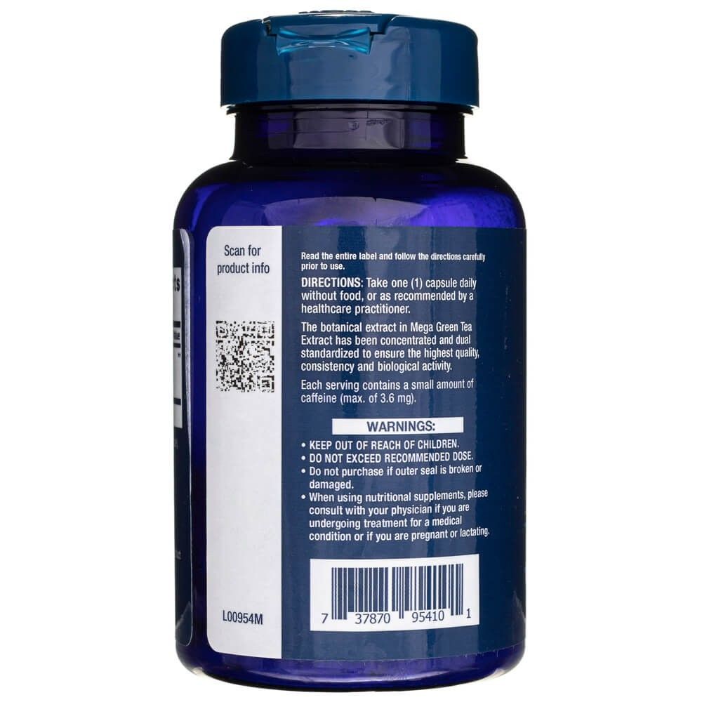 Rückseite der Flasche mit Anweisungen und Warnhinweisen für Life Extension entkoffeinierten Mega-Grüntee-Extrakt.