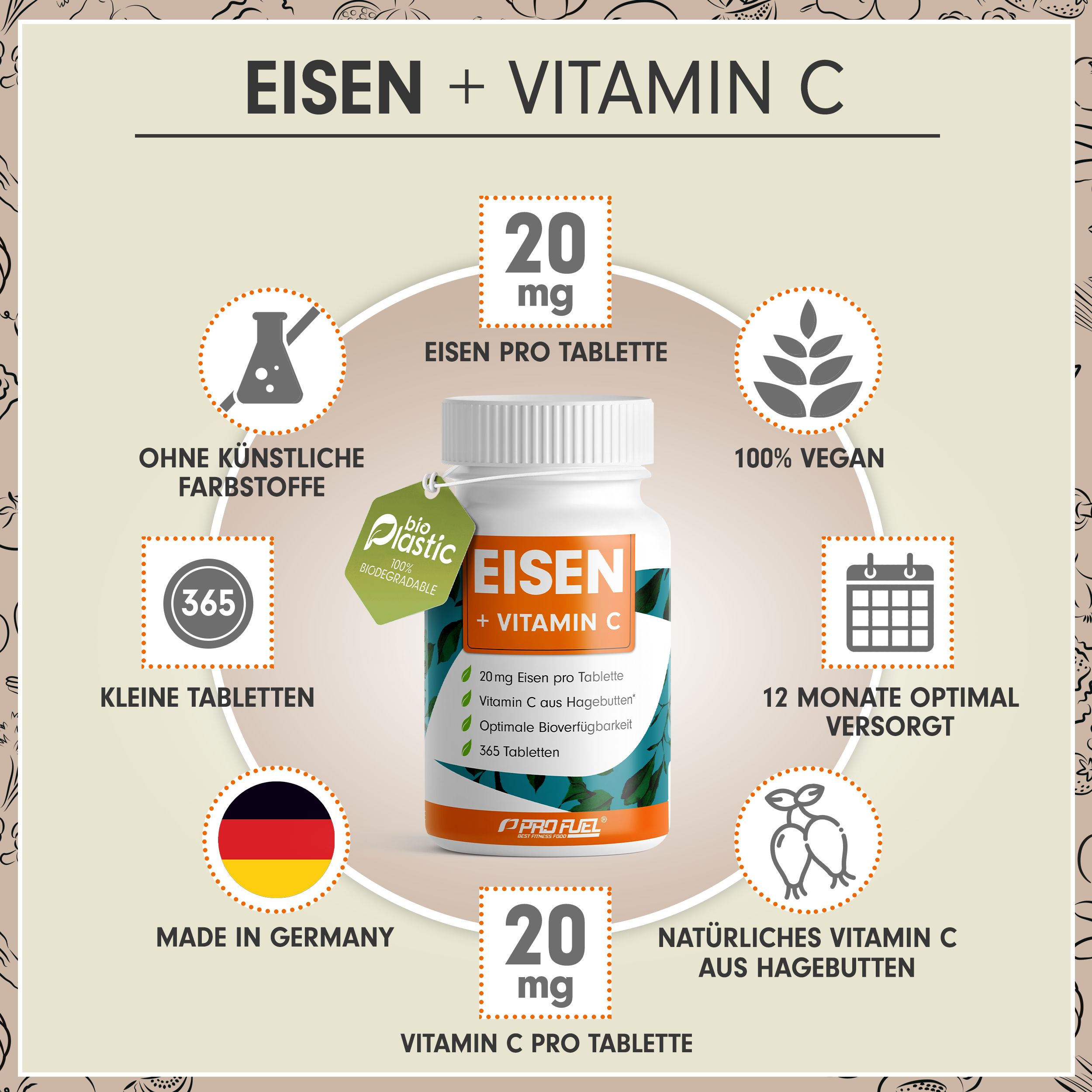ProFuel - Eisentabletten mit 20 mg Eisen + Vitamin C (20mg) aus Hagebutten