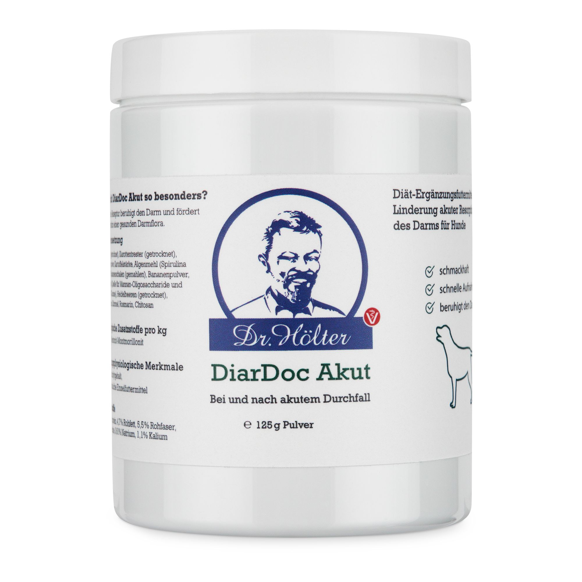 Weiße Dose mit blauem Etikett. Aufschrift: Dr. Hölter DiarDoc Akut. Text und Abbildung eines Mannes und eines Hundes. 125g Pulver.