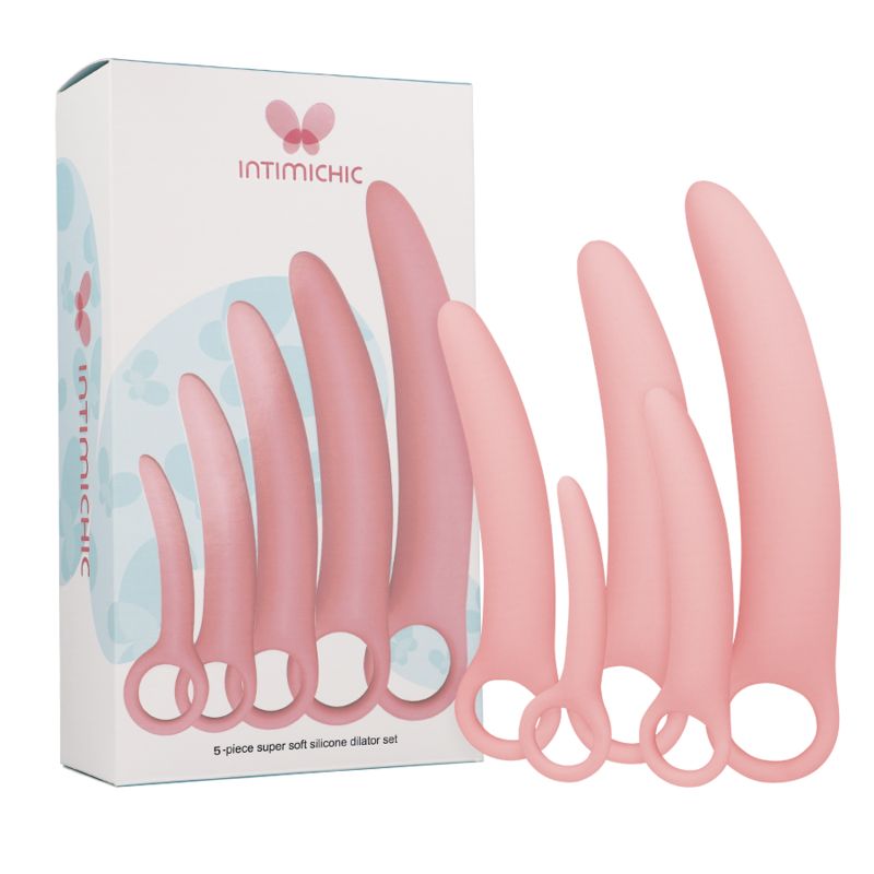Verpackung mit sechs rosa Dilatatoren. Marke INTIMICHIC. Ringförmiger Griff.