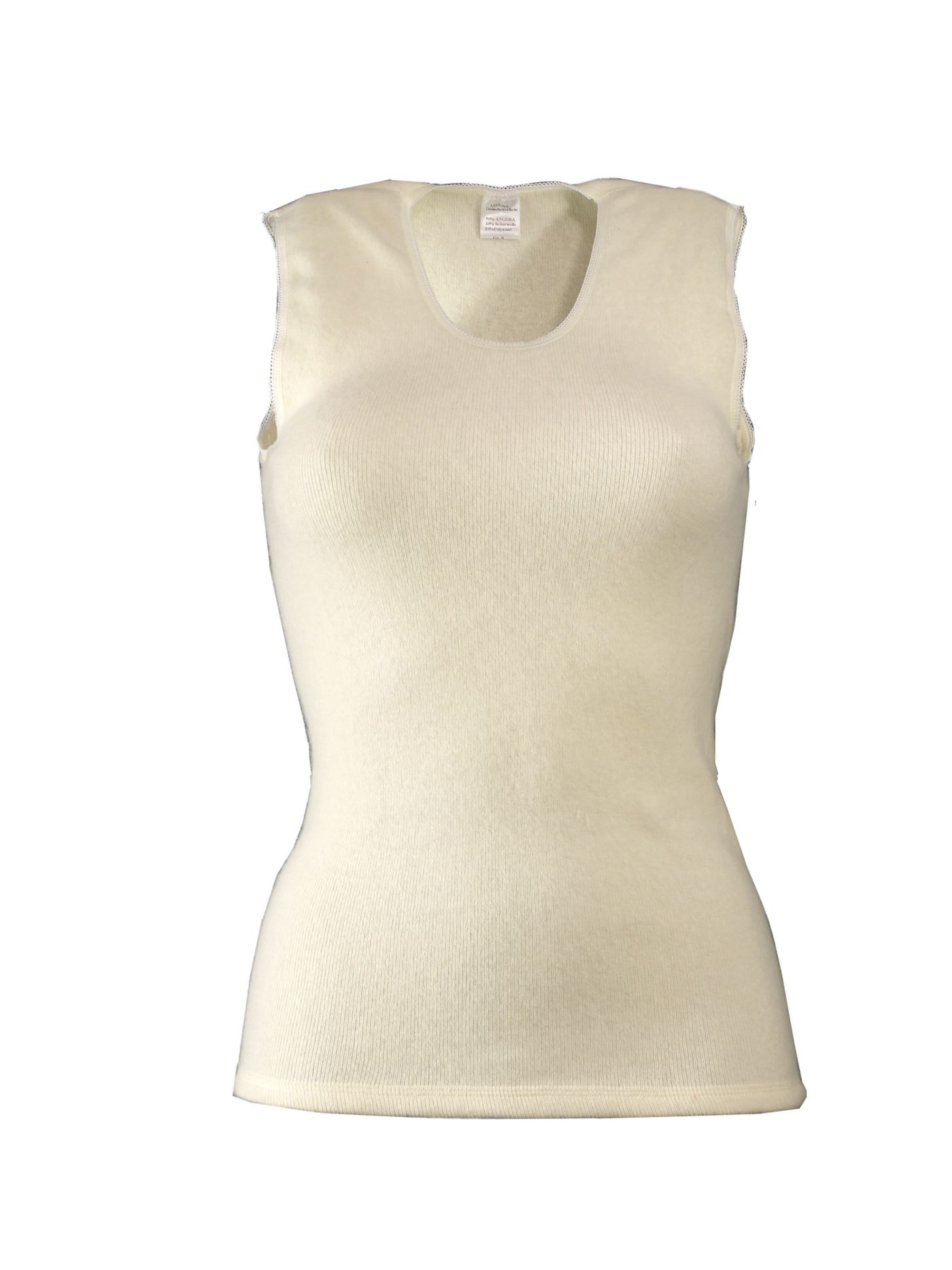 Cremefarbenes Damenunterhemd ohne Arm. Rundhalsausschnitt. Rippstrickmuster. Angora-Material.