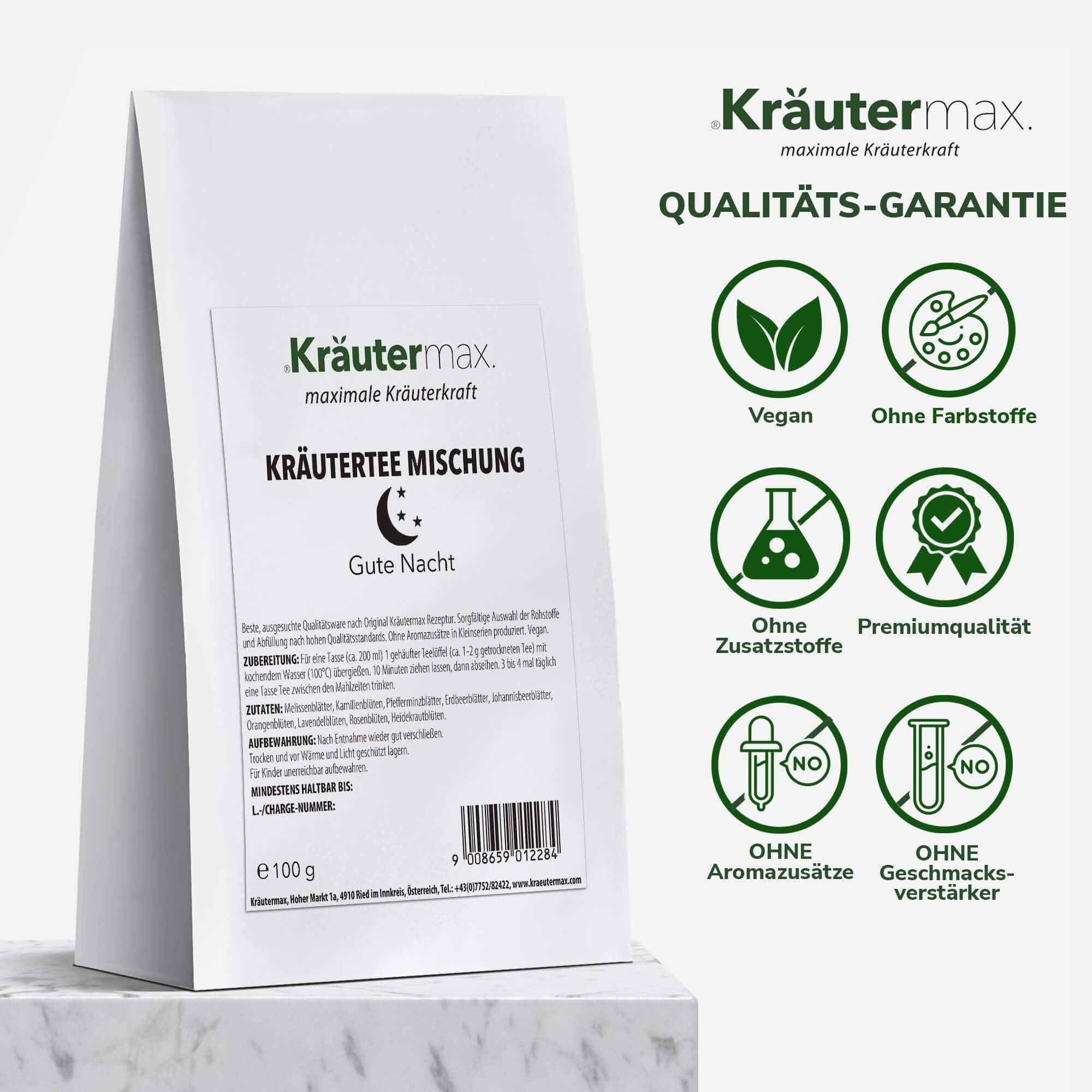 Weißer Beutel Kräutertee-Mischung, Aufschrift Kräutermax Gute Nacht. Siegel: Vegan, ohne Farbstoffe, ohne Zusätze, Premiumqualität.