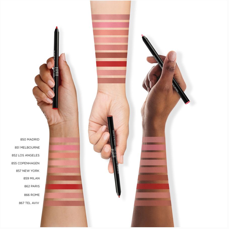 Drei Hände zeigen Lipliner und Farbmuster. Aufschrift "Selfie Lip Liner".