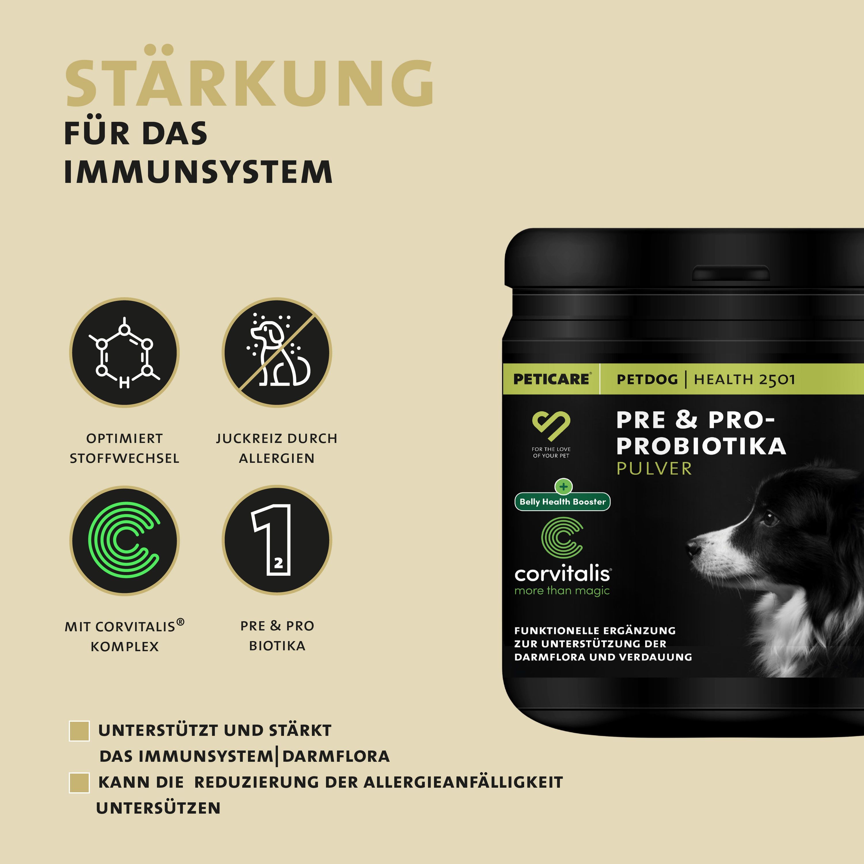 Dose Peticare Petdog Health 2501. Text: Pre & Pro Biotika Pulver. Stärkung für das Immunsystem. Mit Corvitalis Komplex.