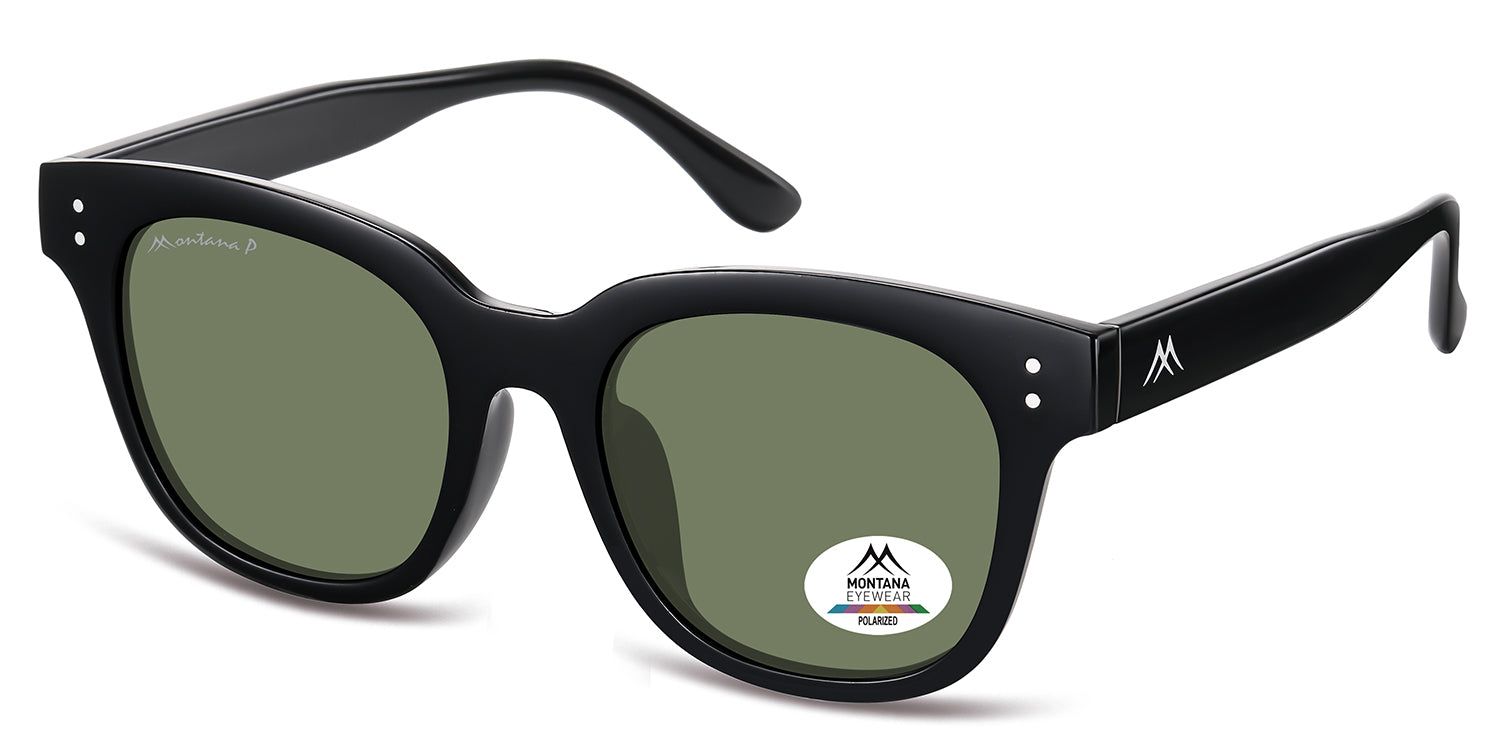 Schwarze Sonnenbrille mit grünen Gläsern. Montana Eyewear Logo und Polarized-Aufkleber. Eckige Form, dicke Fassung.