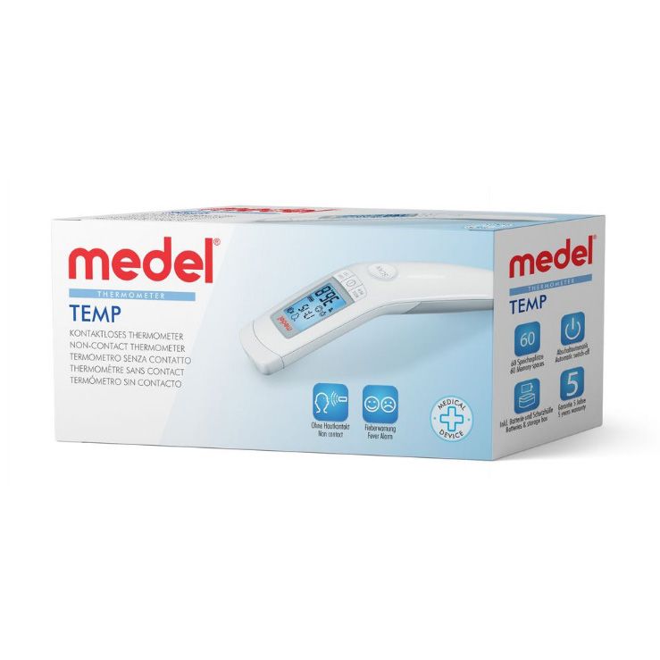Medel Temp kontaktloses Thermometer auf Verpackung. Inkl. Messung, Speicher, Alarm.