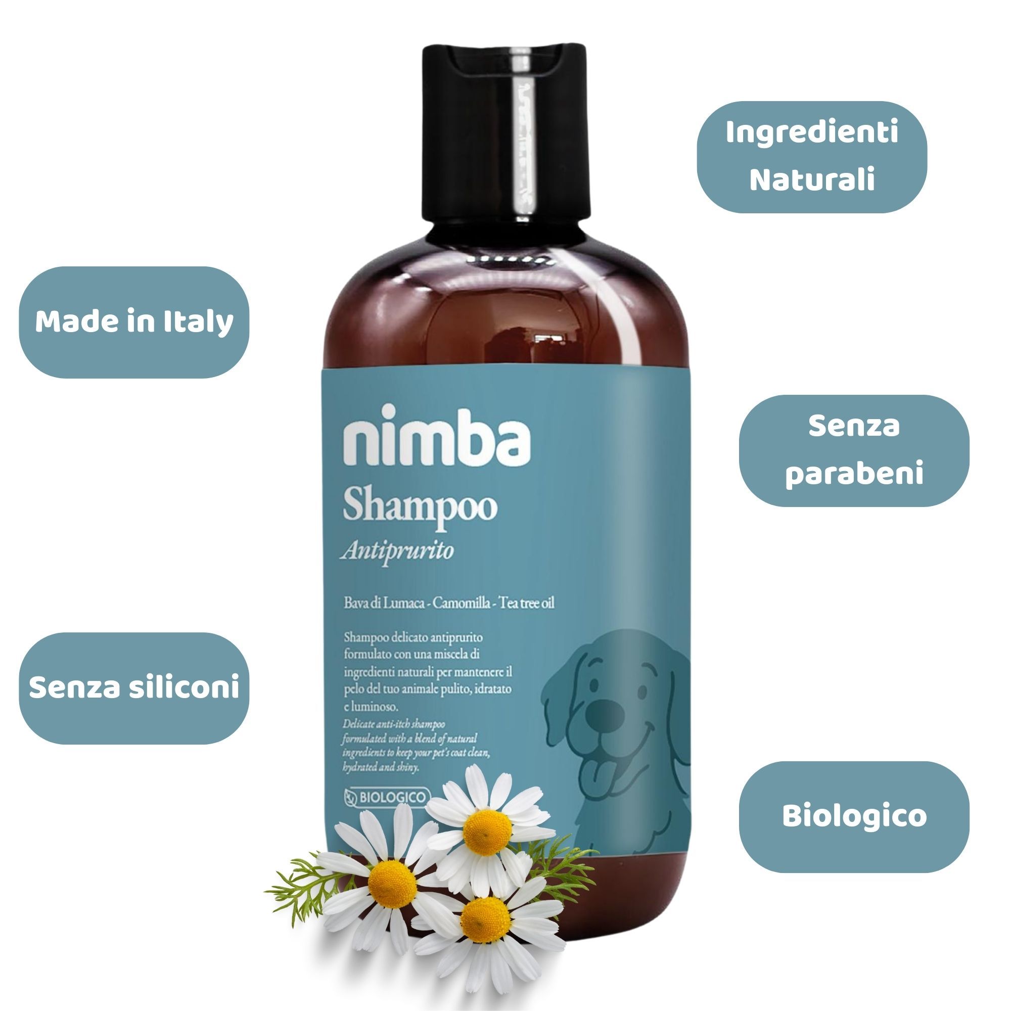 Nimba Shampoo Antiprurito für Hunde. Zusätzliche Etiketten: Made in Italy, Ohne Silikone, Ohne Parabene, Biologisch, Natürliche Inhaltsstoffe.