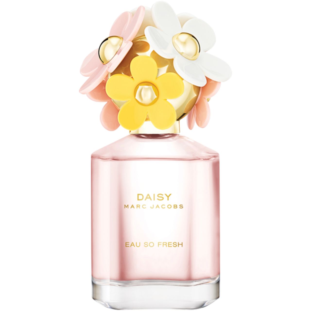 Parfümflasche mit rosa Flüssigkeit. Auf dem Deckel befinden sich Blüten in Gelb, Rosa und Weiß. Auf der Flasche steht "DAISY EAU SO FRESH".