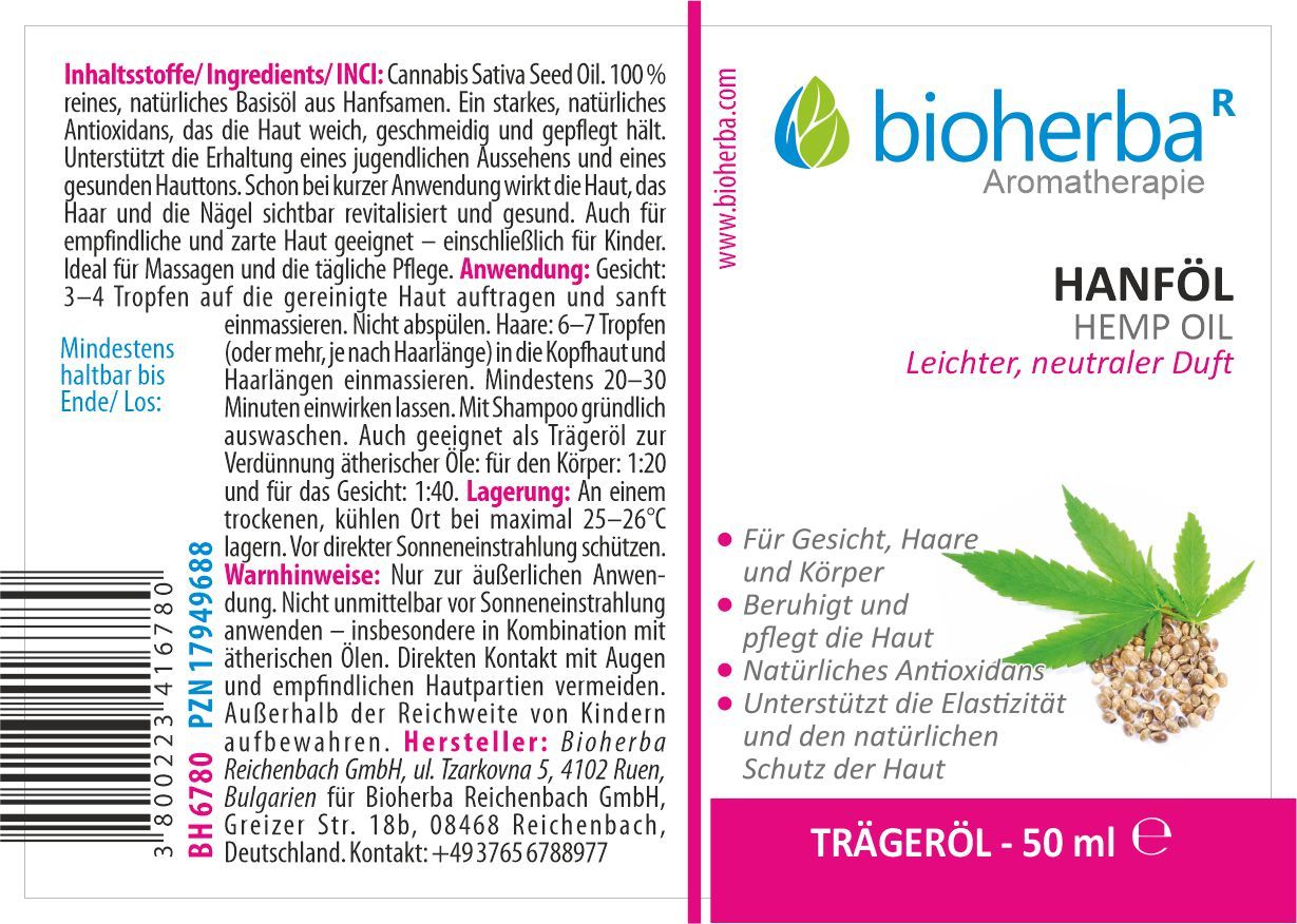 Hanföl Cannabis Sativa Seed Oil Reines Hanf-Trägeröl 50 ml