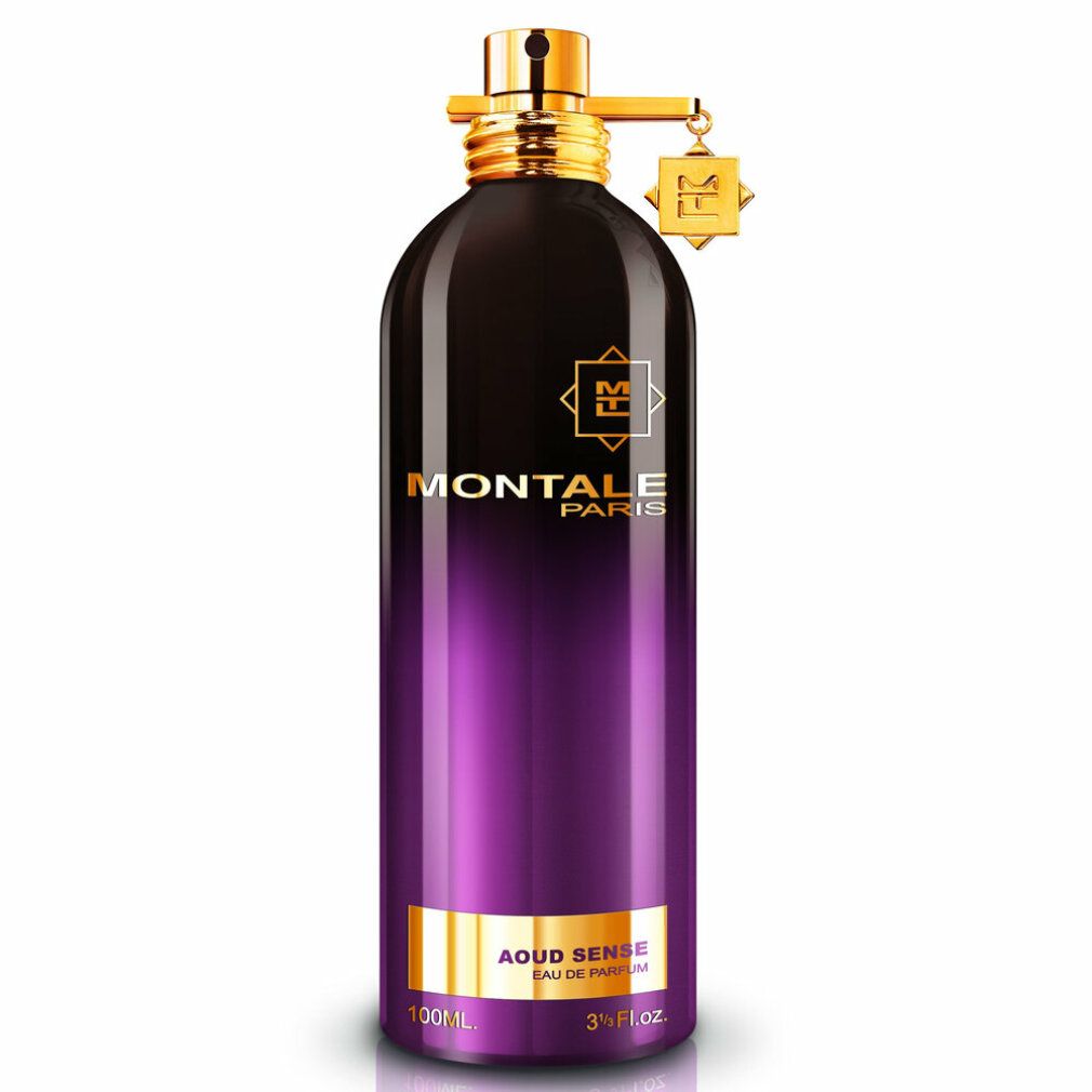 Flasche mit goldfarbenem Verschluss und Anhänger. Dunkel-lila Farbverlauf. Aufschrift Montale Paris und Aoud Sense.