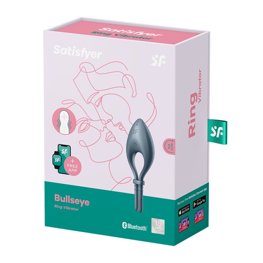 Verpackung für Ringvibrator. Auf der Verpackung steht "Satisfyer", "Bullseye Ring Vibrator". Produkt in der Verpackung.