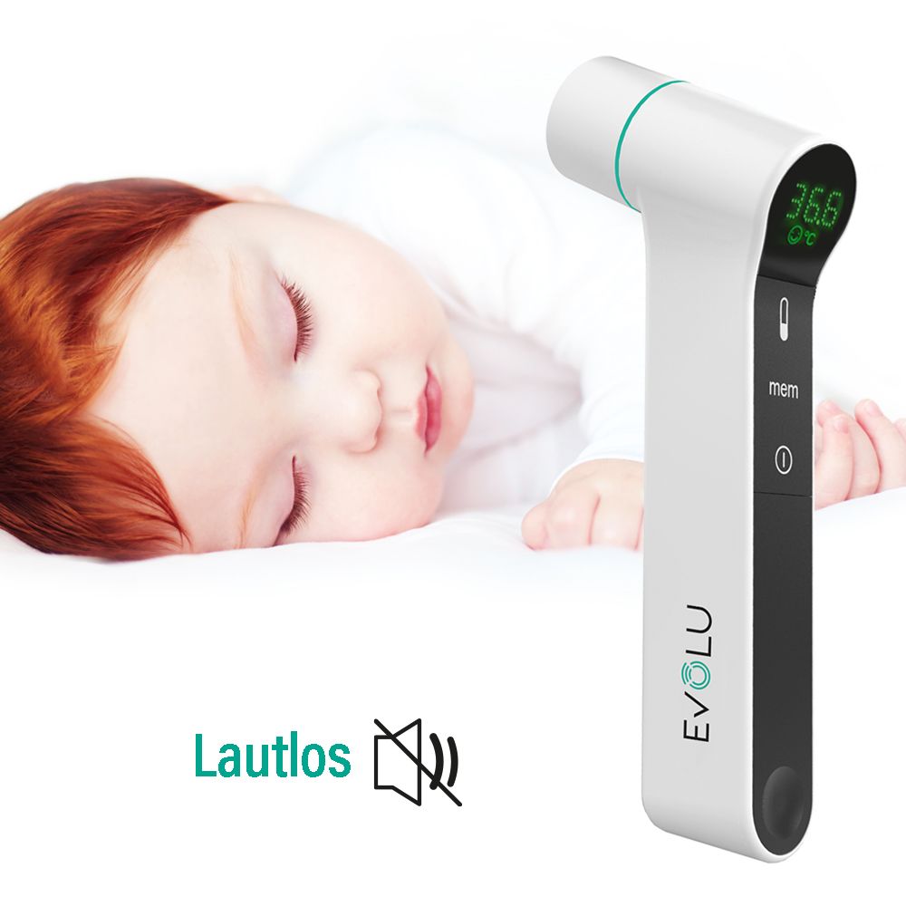 Baby schläft. Thermometer mit Digitalanzeige. Lautlos-Symbol. Weißes Bett.