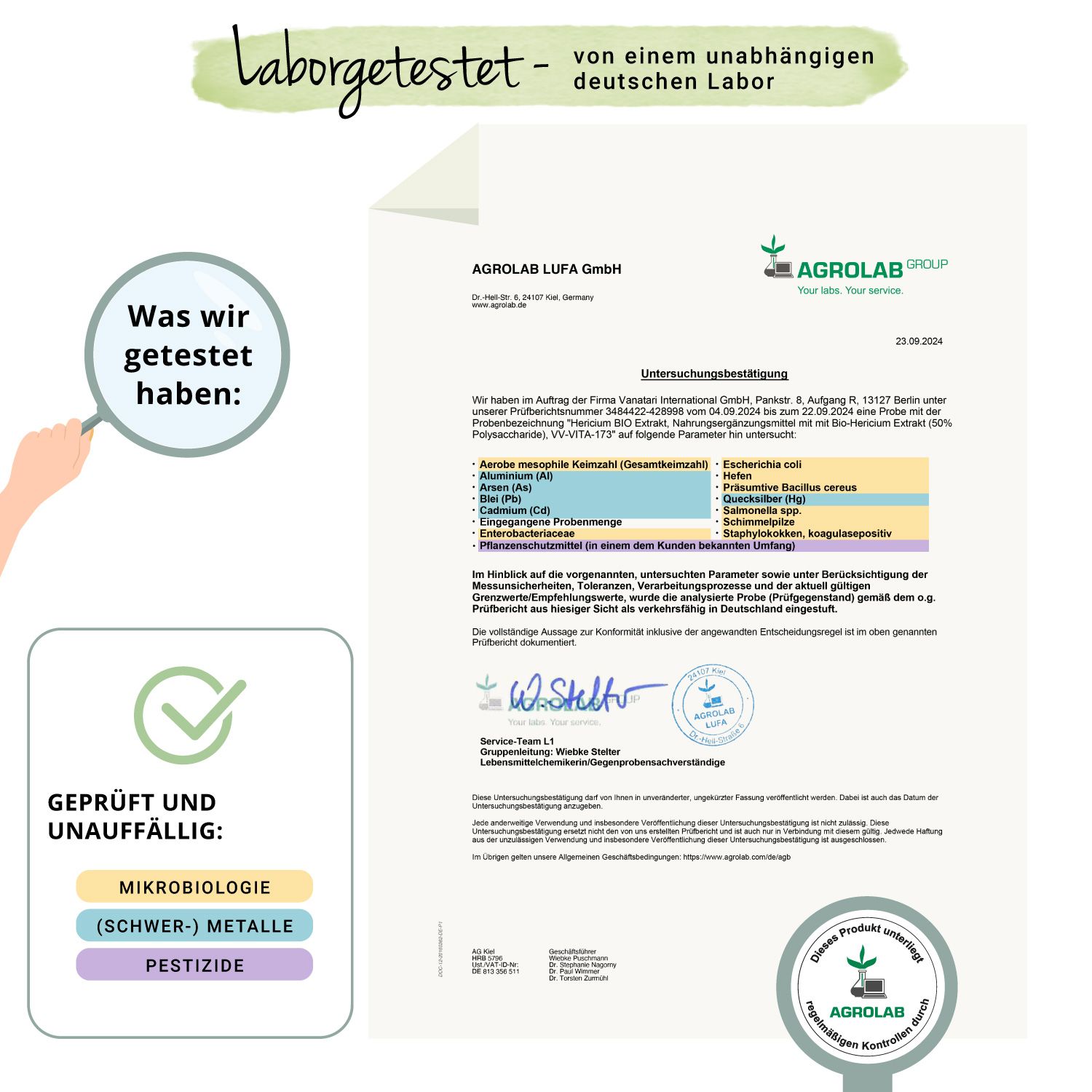 Laborbericht. Zertifikat von Agrolab. Bestätigung der Prüfung auf Mikrobiologie, Schwermetalle und Pestizide.