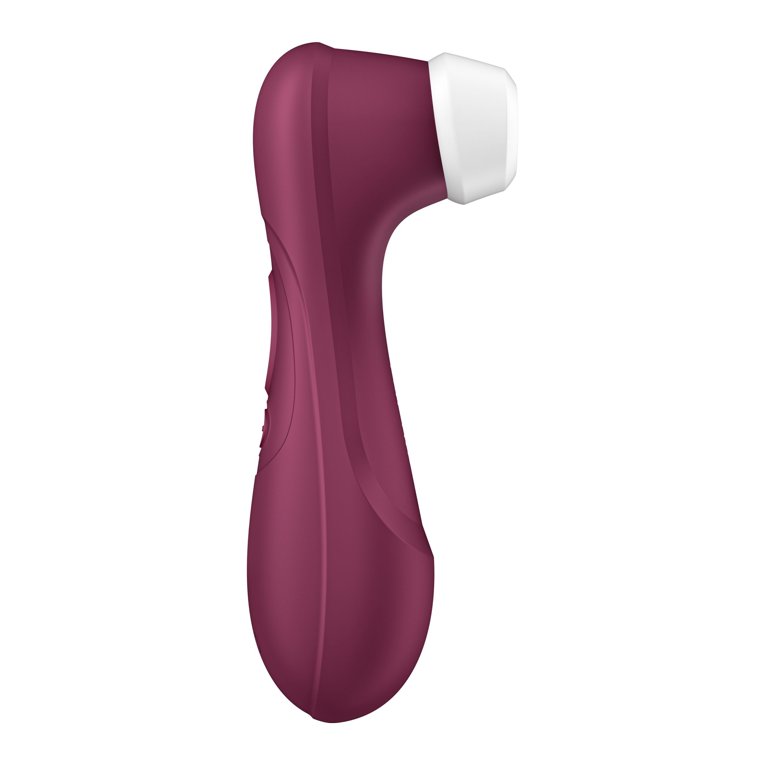 Paars apparaat met witte opzet. Zijaanzicht. Vorm: ergonomisch.