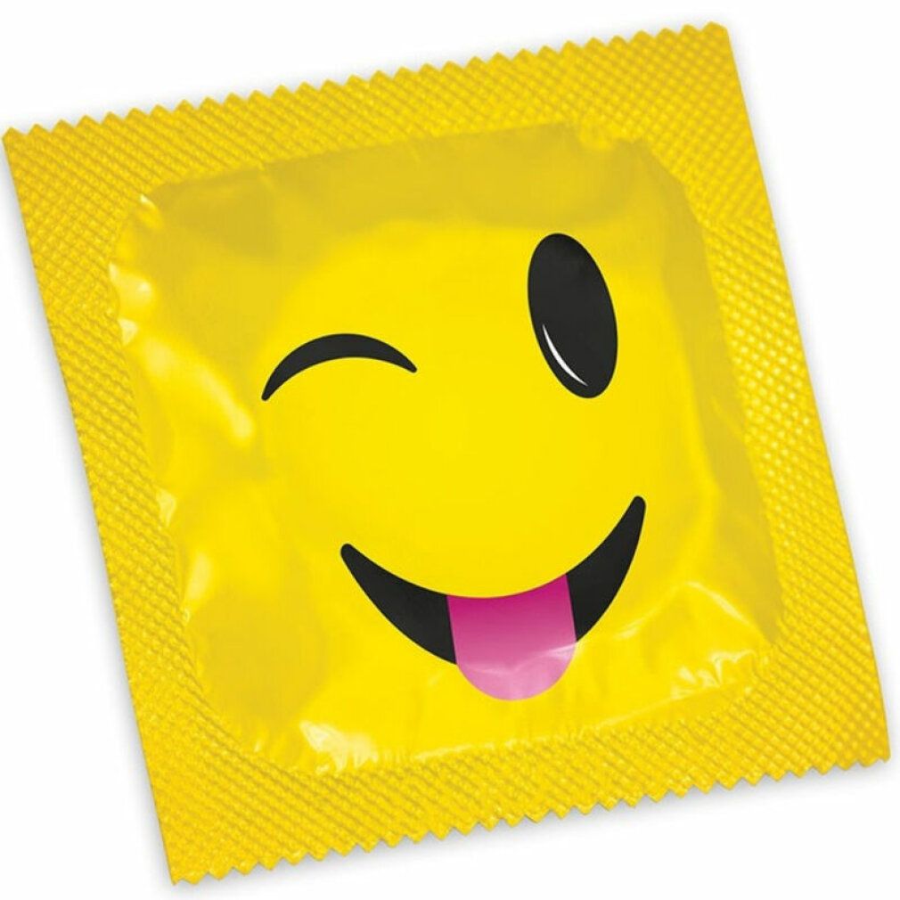 Gelbe Kondomverpackung mit einem zwinkernden Smiley-Gesicht. Gelbe Verpackung mit gezackten Rändern.