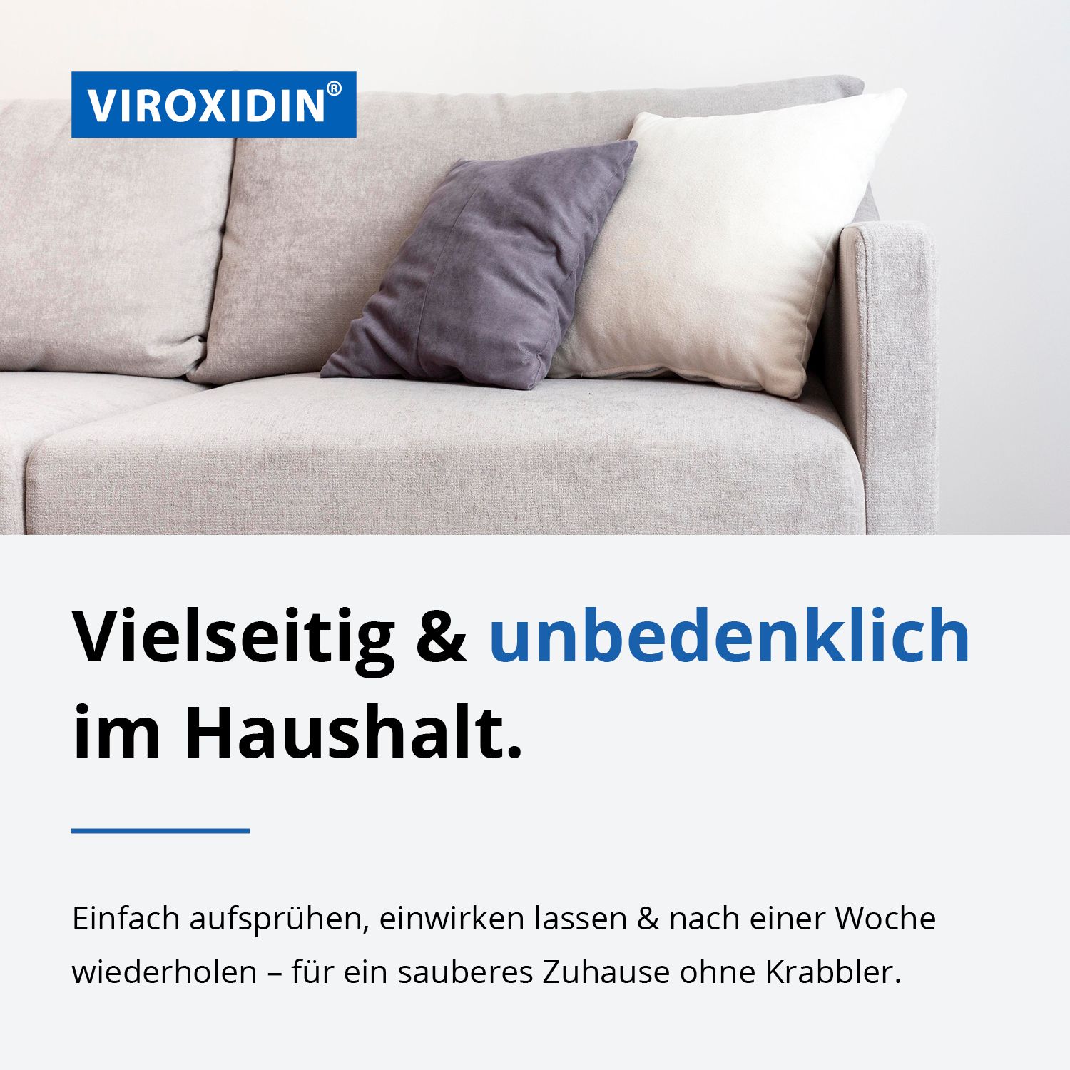 Text mit Produktname Viroxidin. Vielseitig & unbedenklich im Haushalt. Anwendung auf Oberflächen. Für ein sauberes Zuhause ohne Krabbler.