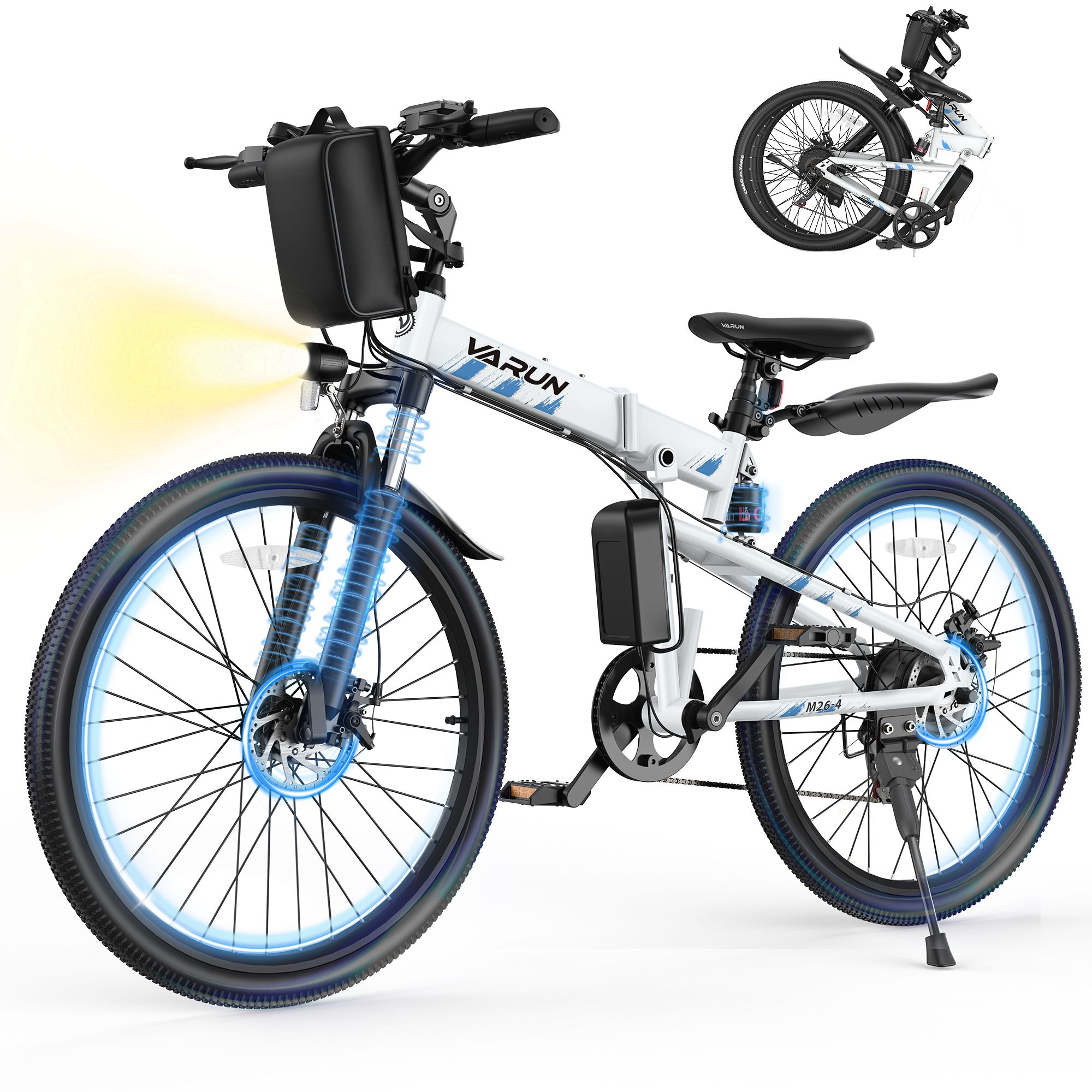 E-Bike mit weißem Rahmen. Frontscheinwerfer, Gepäckträger. Text: VARUN, M26-4. Gefaltete Ansicht.