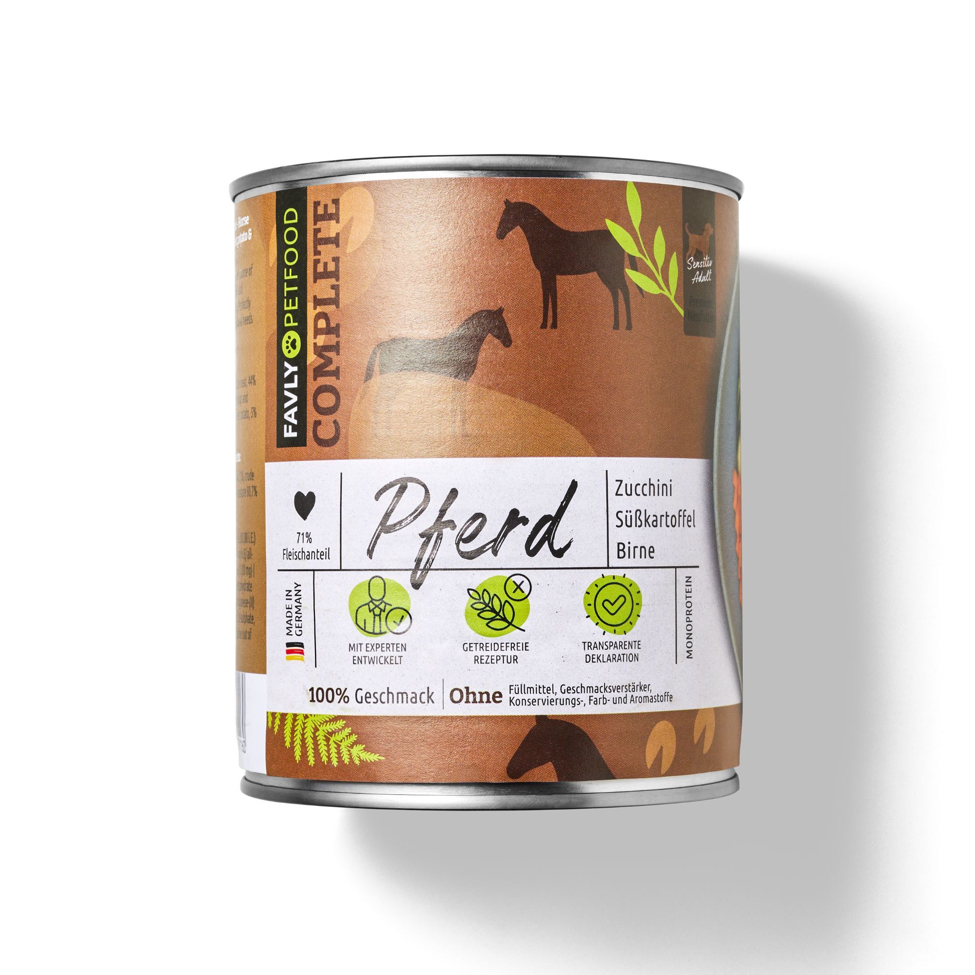 Dose Pferd mit Zucchini, Süßkartoffel & Birne. Braune Dose mit Pferde-Illustrationen und Text. Marke Favly Petfood.