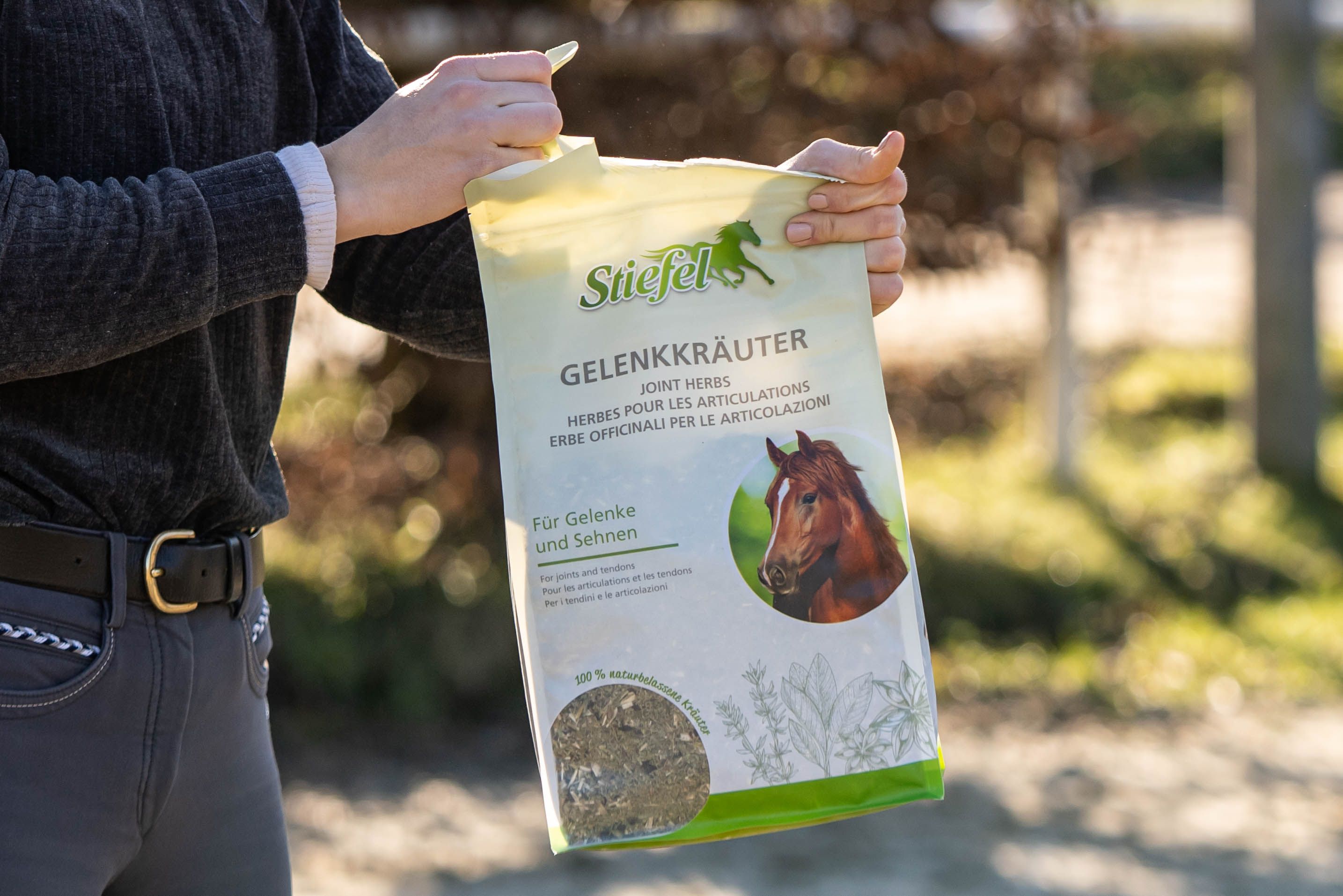 Person hält eine Packung Stiefel Gelenkkräuter. Aufdruck: Kräutermischung für Gelenke und Sehnen. Abbildung eines Pferdes.