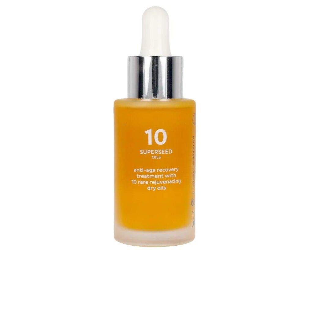 Gesichtsöl mit Pipette. Aufschrift: 10 SUPERSEED OILS. Anti-Aging-Behandlung mit 10 seltenen, verjüngenden Trockenölen.