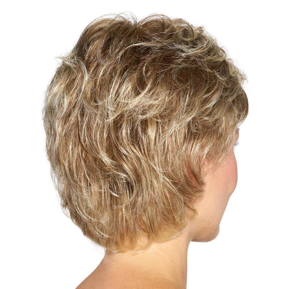 Kurzhaarperücke, blond, gewellt, von hinten.