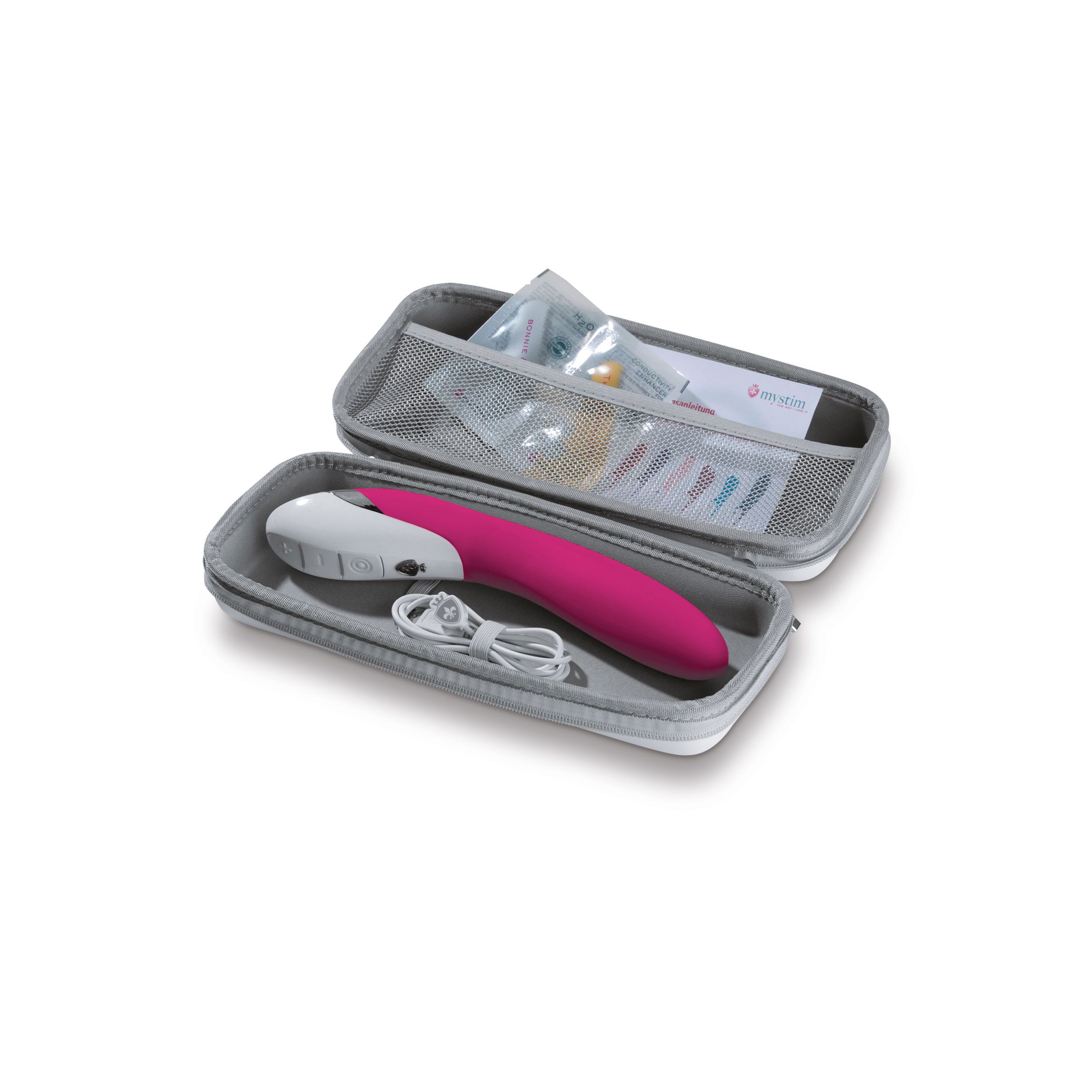 Vibrator, Kabel und Zubehör in einer grauen Tasche. Reißverschluss.