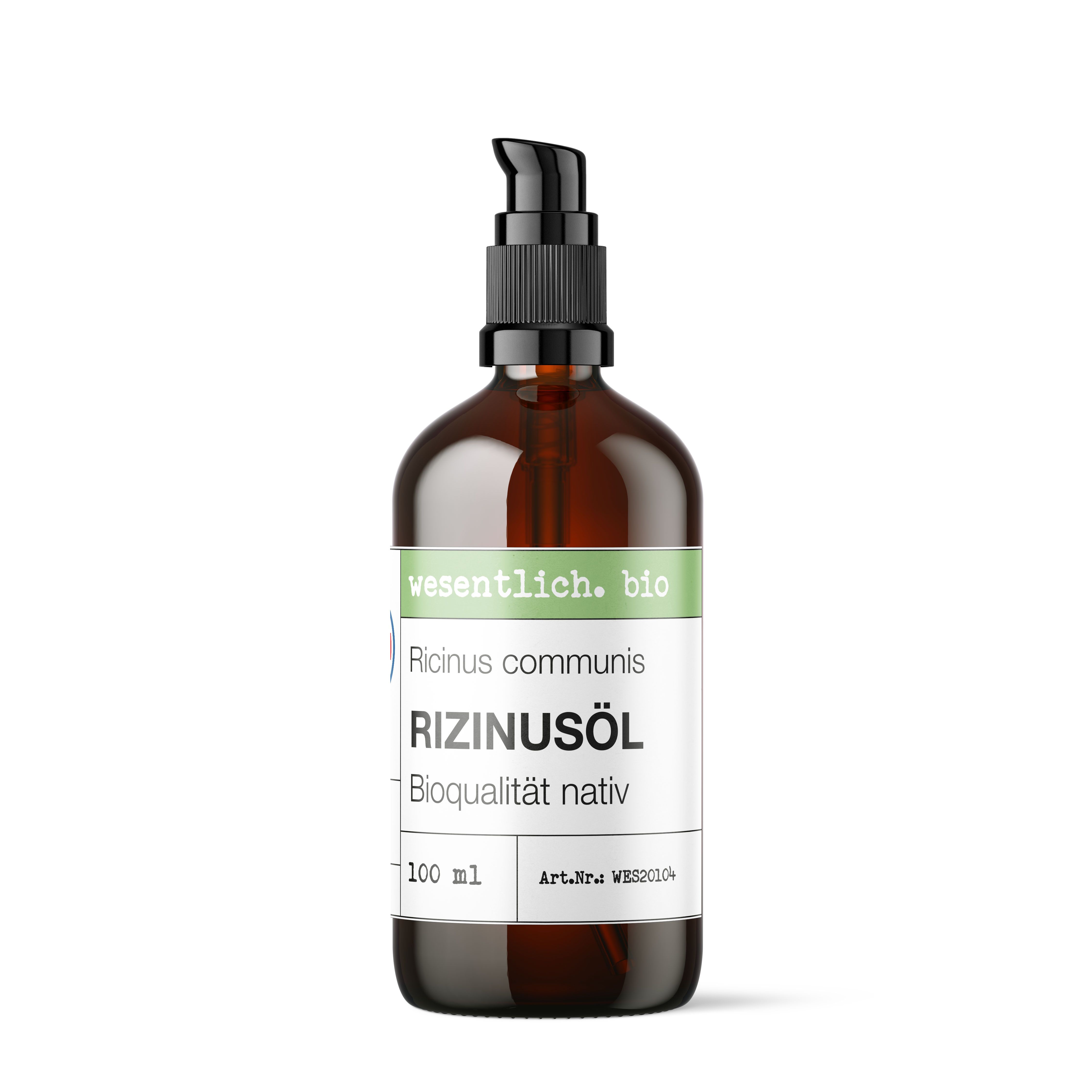 Braune Glasflasche mit Pumpspender, Etikett mit "Rizinusöl BIO" und "100 ml".
