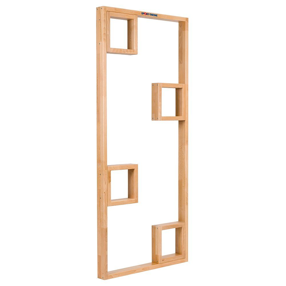 Turnwand-Einzelelement, schräg. Holzrahmen mit quadratischen Öffnungen. Oben Schriftzug Sport-Thieme.