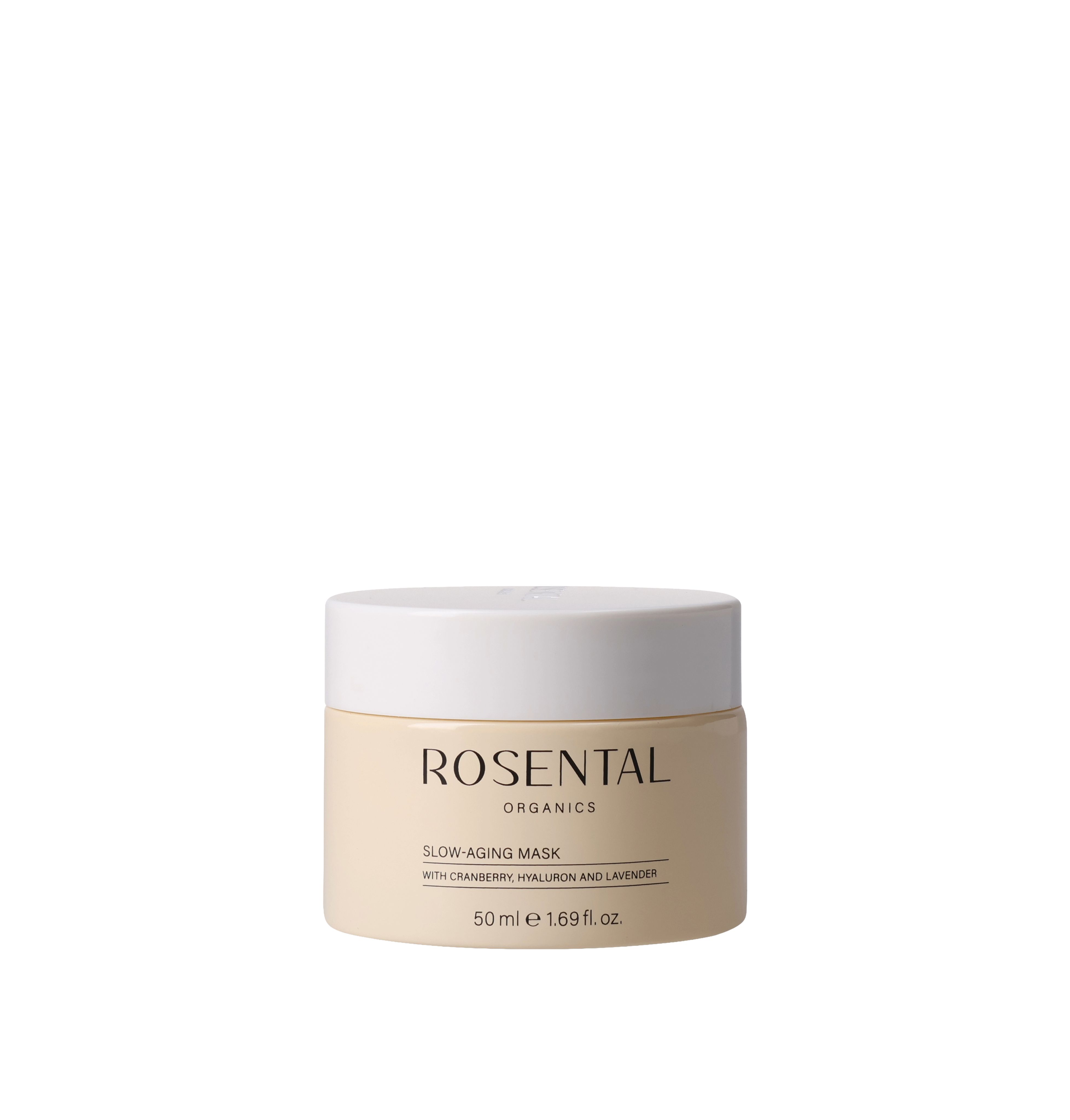 Tiegel Rosental Organics Slow-Aging Mask. Produktname und Text auf dem Tiegel. Weißer Deckel.