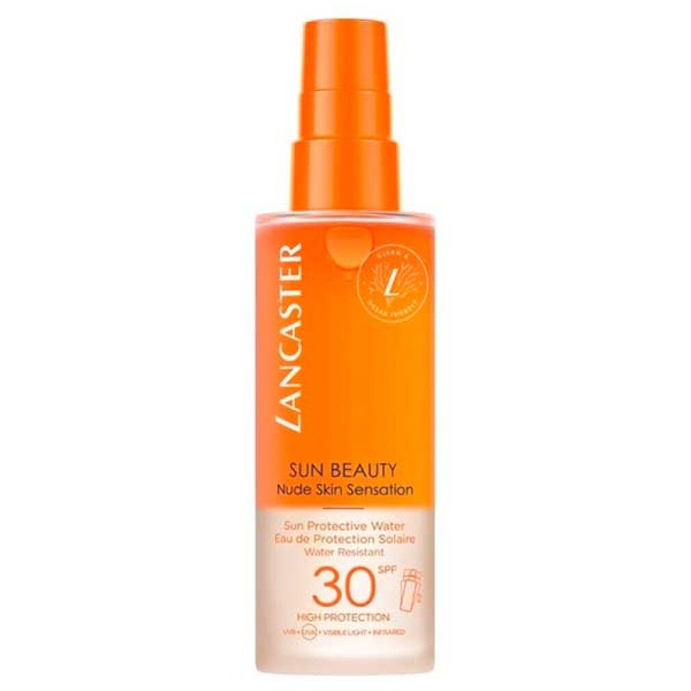 Lancaster Sun Beauty Protective Water SPF30. Orangefarbene Flasche mit Sprühkopf. Vegan-Logo. Text: Nude Skin Sensation, SPF 30.