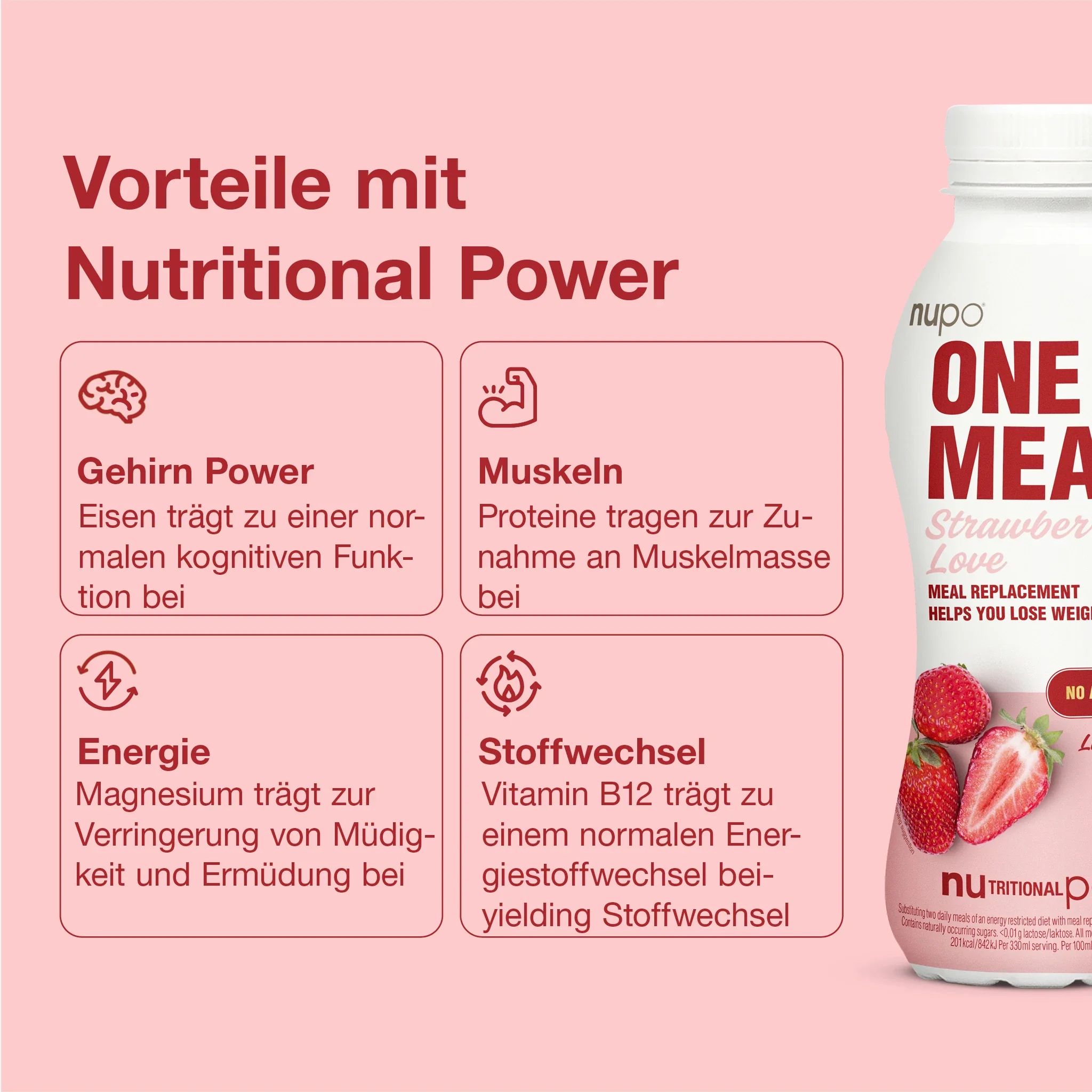 Flasche mit Text. Text: Gehirn Power, Muskeln, Energie, Stoffwechsel. Produktname und Erdbeeren sichtbar.