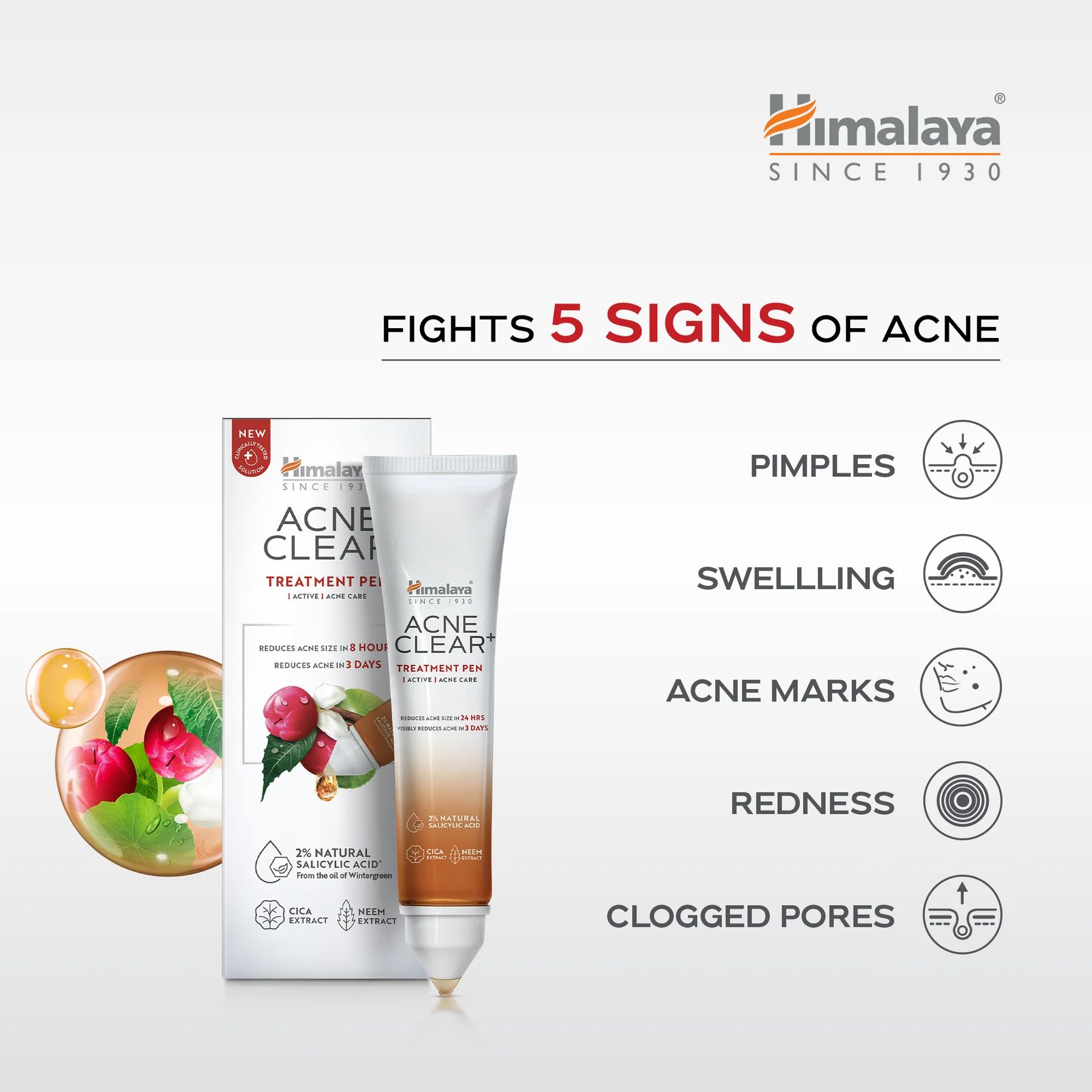 Himalaya Acne Clear Treatment Pen und Verpackung. Zeigt 5 Anzeichen von Akne: Pickel, Schwellungen, Akne-Narben, Rötungen, verstopfte Poren.