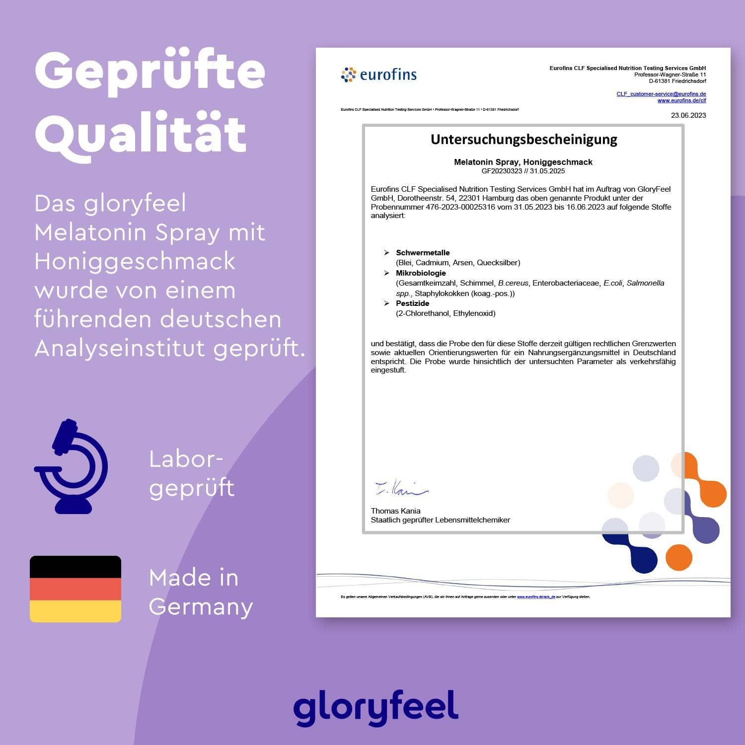 Laborbericht von Eurofins für gloryfeel Melatonin Spray Honiggeschmack. Untersucht auf Schwermetalle, Pestizide, etc. Made in Germany.