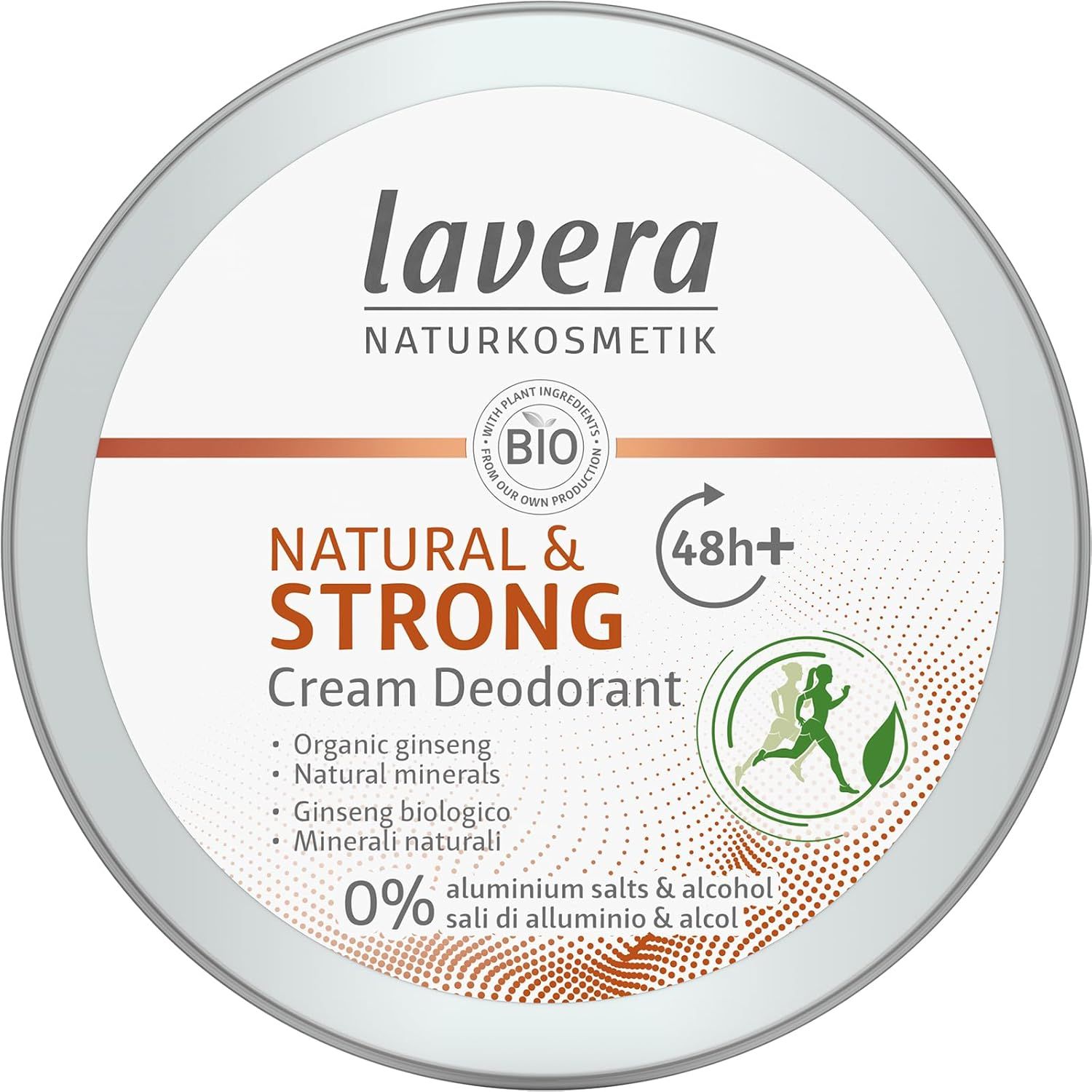 Creme-Deodorant in Dose. Marke: lavera. Aufschrift: NATURAL & STRONG, 48h+, 0% Aluminiumsalze. Bio-Siegel. Dose mit Deckel.