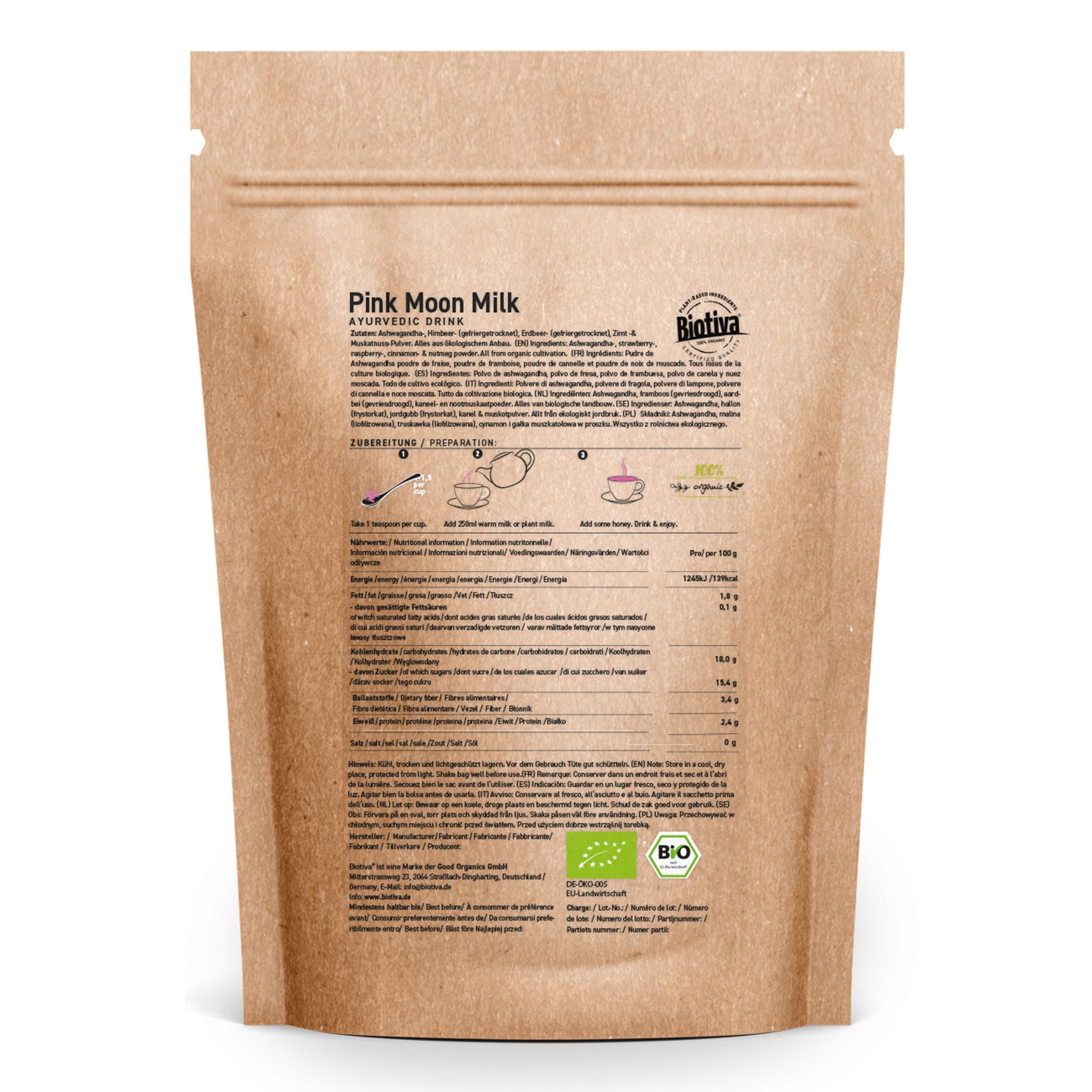 Rückseite des Pulverbeutels. Text: Pink Moon Milk, ayurvedisches Getränk. Zutatenliste, Nährwertangaben, Zubereitungshinweise.