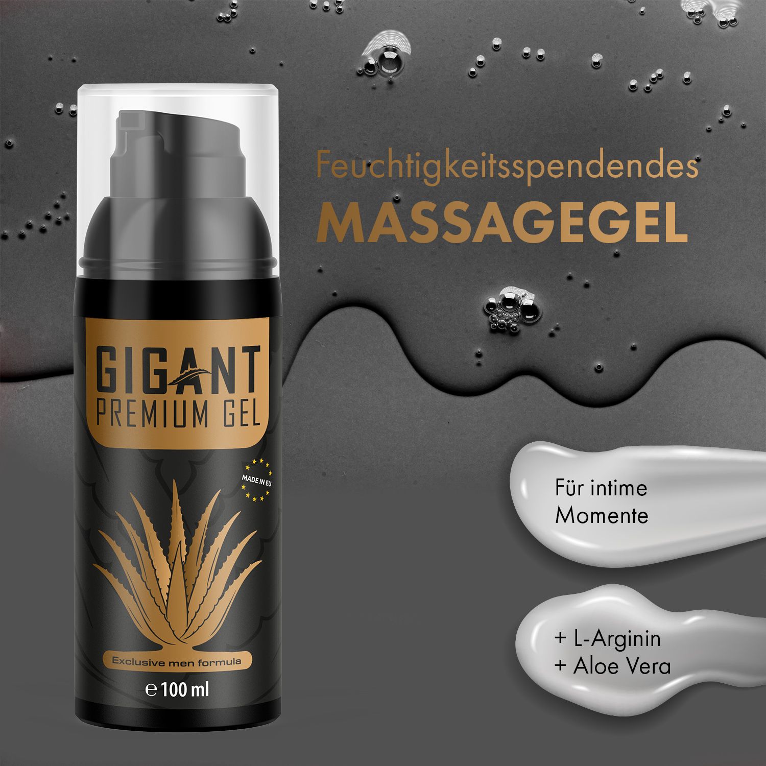 Schwarze Flasche mit goldfarbenem Etikett. Aufschrift: GIGANT PREMIUM GEL. Aloe Vera-Motiv. E 100 ml. Auf dunklem Hintergrund.