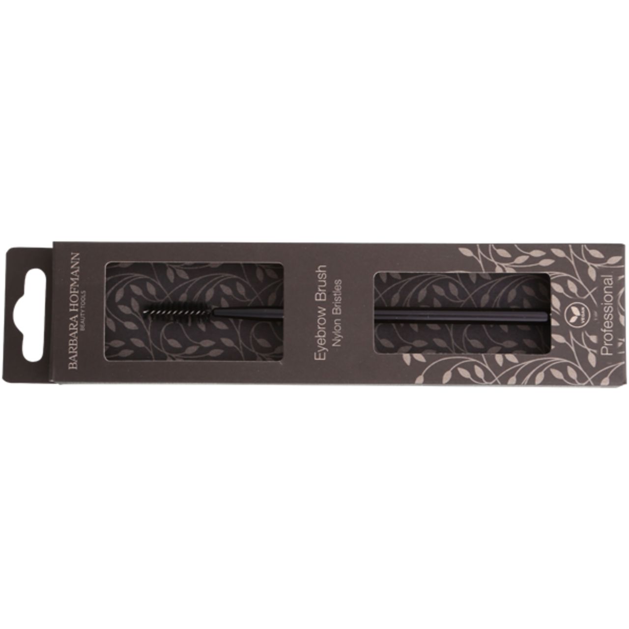 Augenbrauenbürste in Verpackung. Schwarze Bürste und Stiel. Text: Barbara Hofmann, Eyebrow Brush, Nylon Bristles.