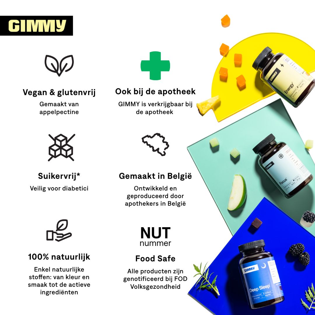 Infografik mit Logos und Texten. Vegan, glutenfrei, zuckerfrei, 100% natürlich, hergestellt in Belgien, Food Safe.