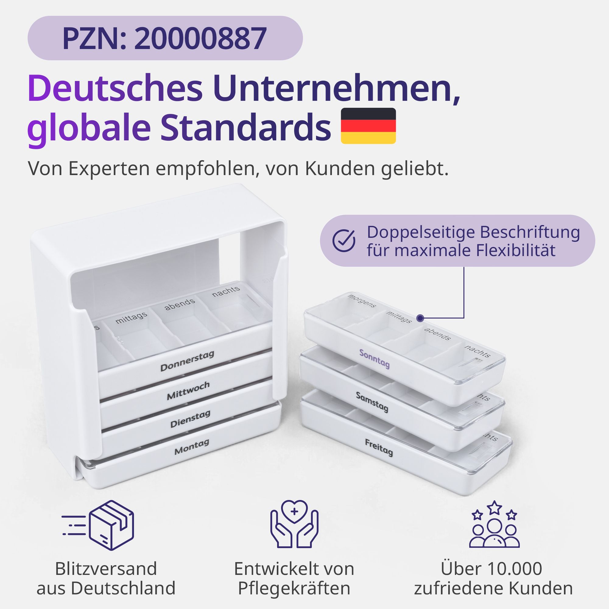 Weißer Tabletten-Organizer mit 7 Schubladen. 3 Organizer. Doppelseitige Beschriftung.