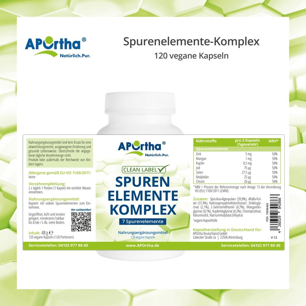 Weiße Flasche mit Etikett: APOrtha Spurenelemente-Komplex, 120 vegane Kapseln, Inhaltsstoffe, Nährwerttabelle, Clean Label.