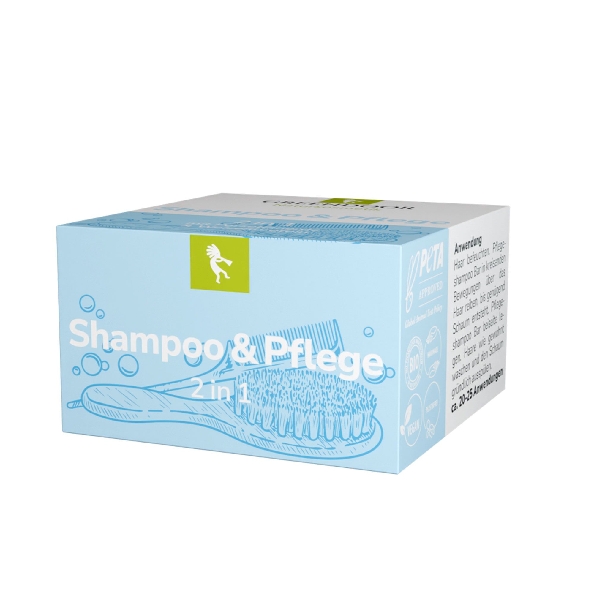 Hellblaue Verpackung mit Produktnamen Shampoo & Pflege. Abbildung einer Bürste und eines Kamms. PETA-Logo und weitere Informationen.