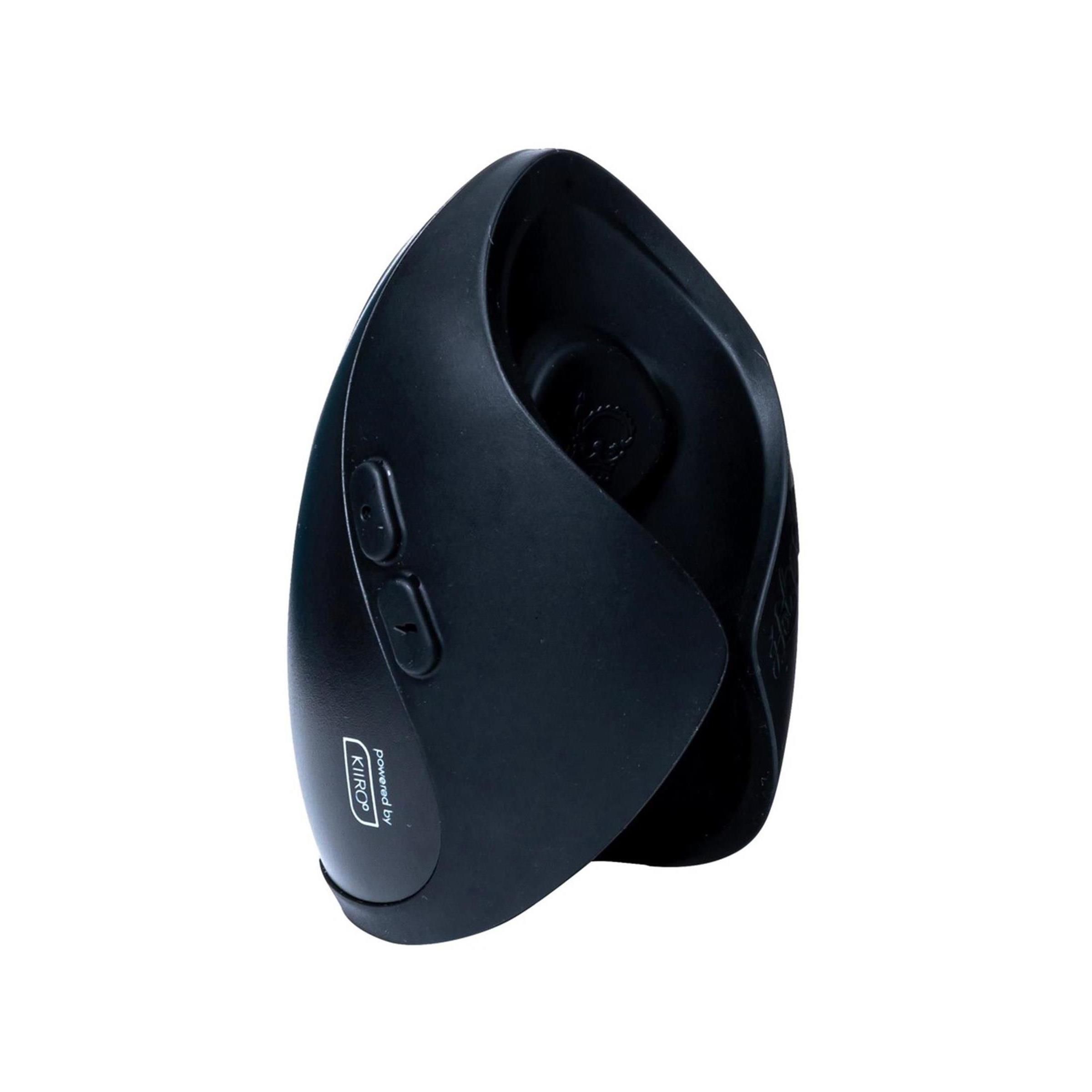 Schwarzes Produkt. Abgerundete Form mit zwei Knöpfen. Logo KIROO. Oberseite mit Öffnung.