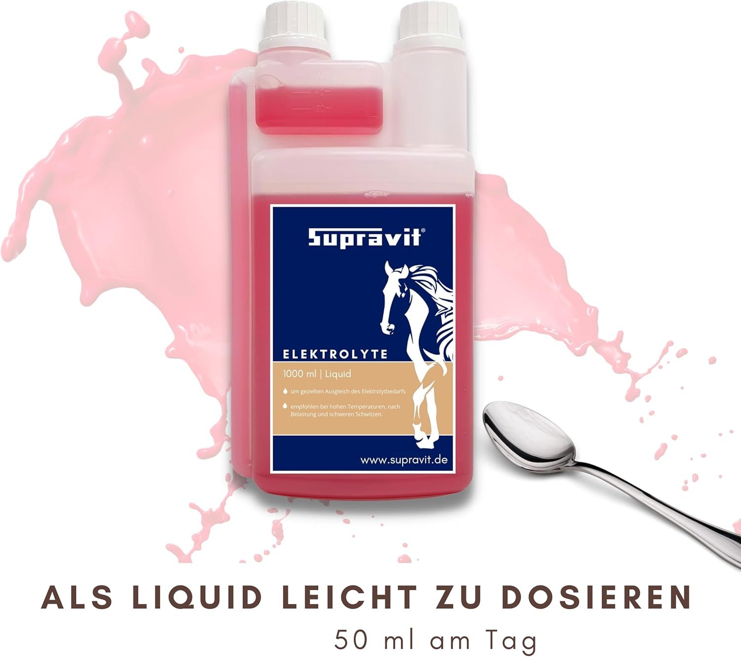 Flasche Supravit Elektrolyte, Löffel. Text: Als Liquid leicht zu dosieren. 50 ml am Tag.
