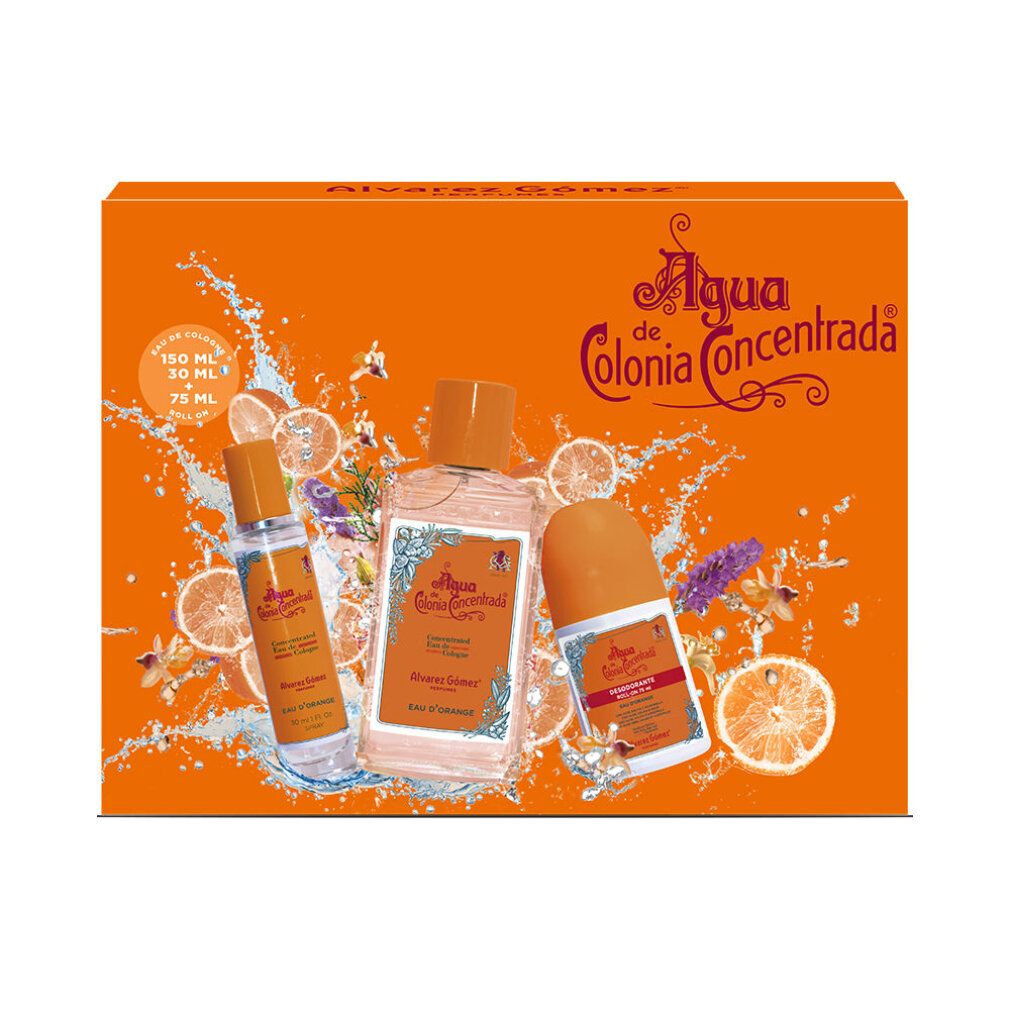 Geschenkset mit drei Produkten. Orangefarbene Verpackung mit 'Agua de Colonia Concentrada'. Produkte: Spray, Flasche, Roll-on.