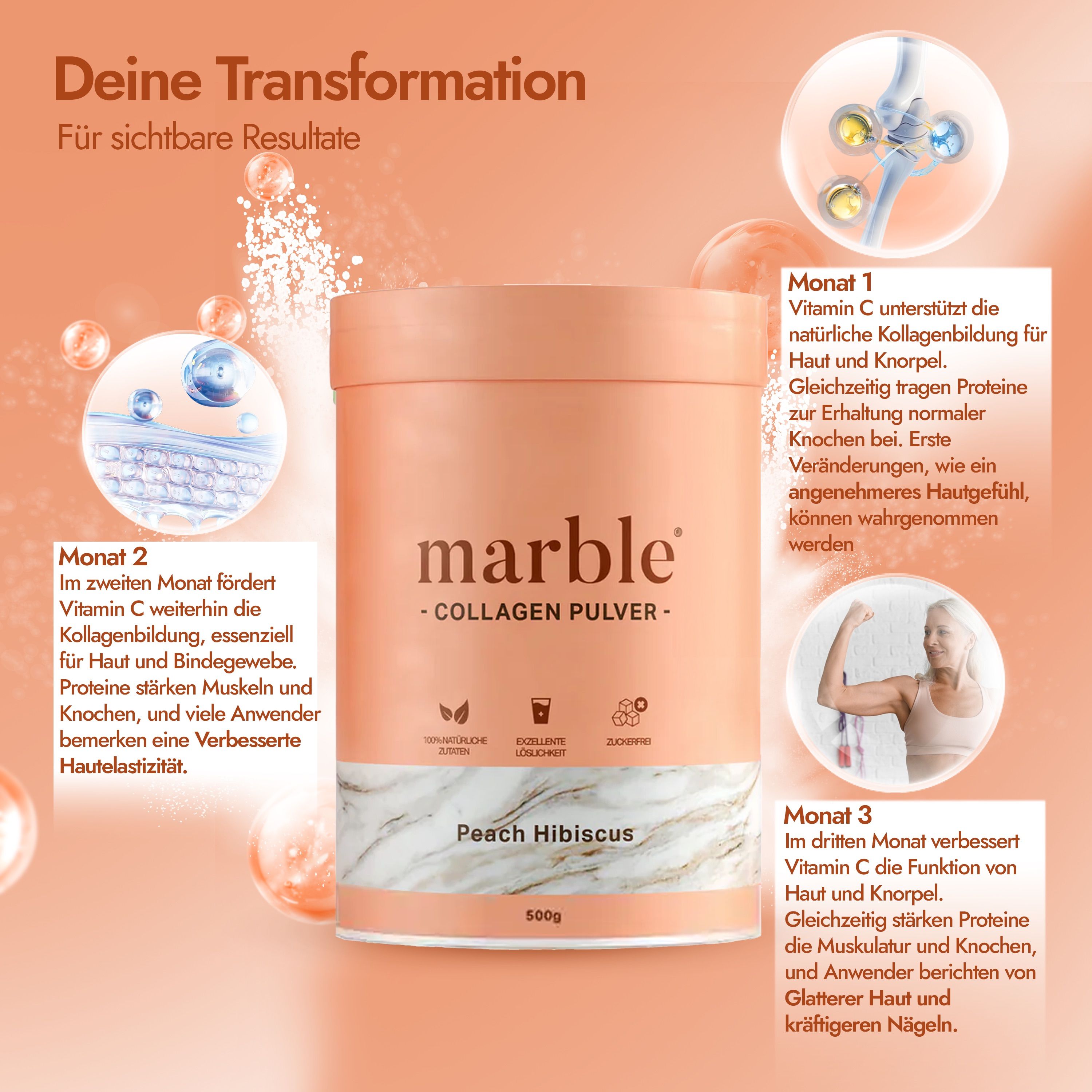 Dose mit marble Collagen Pulver, Pfirsich Hibiskus. Daneben Grafiken zu den Auswirkungen nach 1, 2 und 3 Monaten.