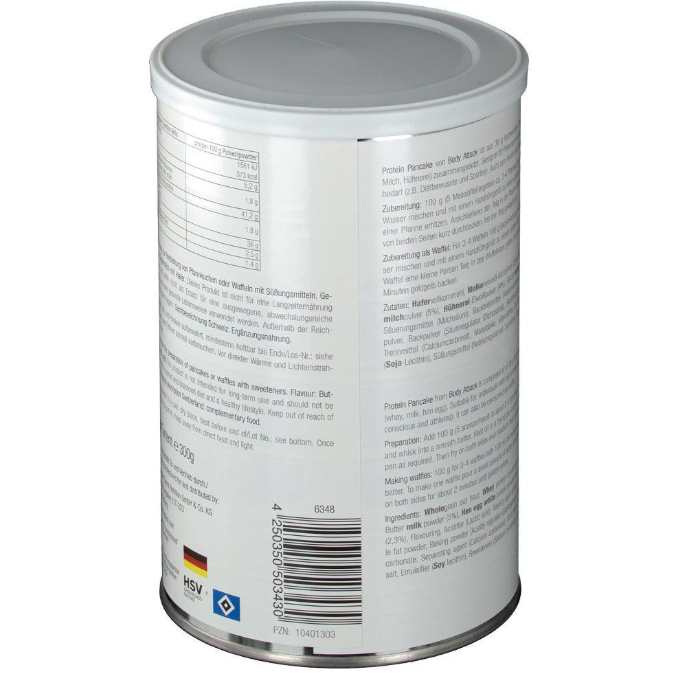 Zylinderdose mit Protein Pancake. Rückseite mit Text und Nährwertangaben. Inhaltsangabe: 300g. Mit deutschem Flaggen-Logo.